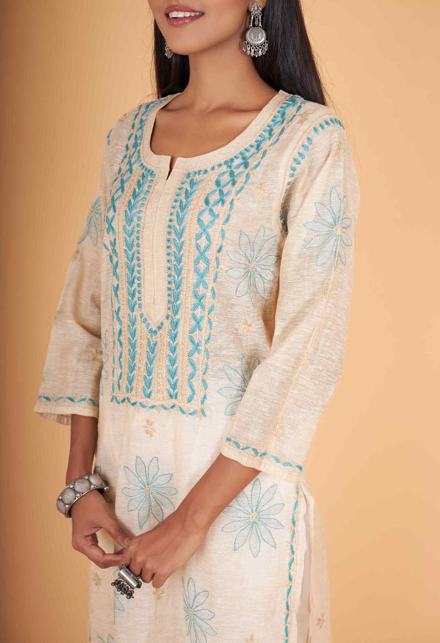 Arsh Handcrafted Gala Boota Khadi Cotton Kurti - Image 5