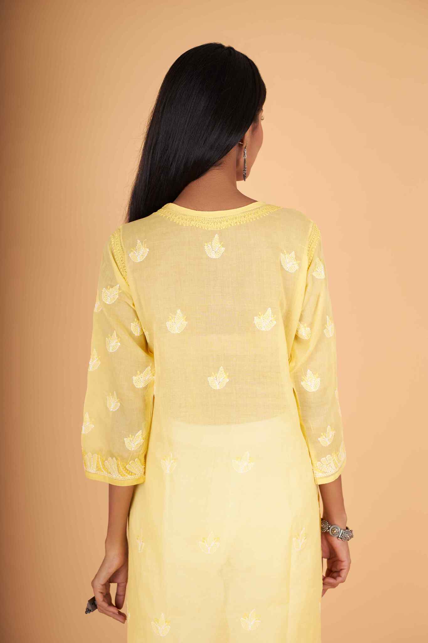 Arsh Handcrafted Yellow Front Jaal Pure Cotton Kurti - Image 2