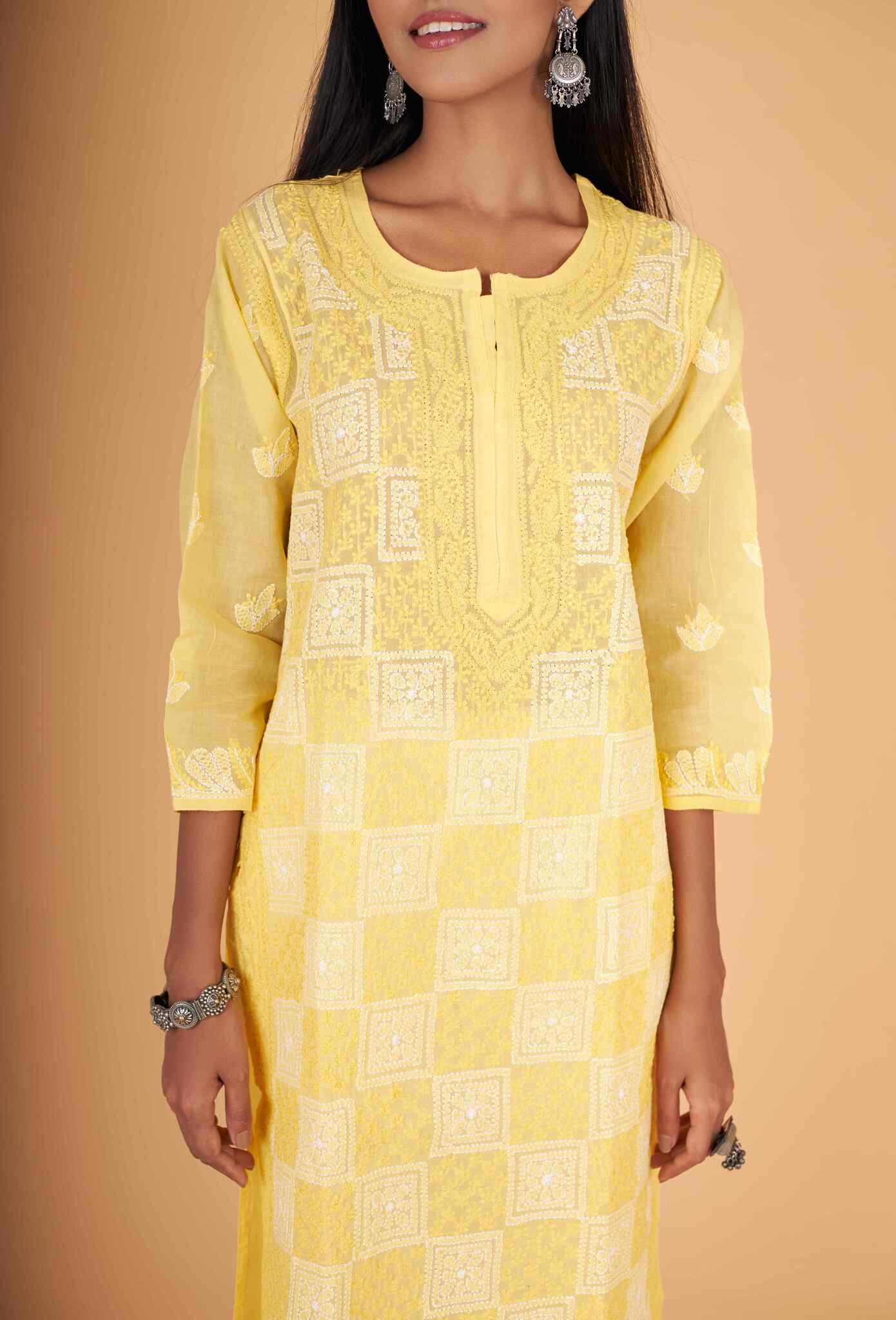 Arsh Handcrafted Yellow Front Jaal Pure Cotton Kurti - Image 4