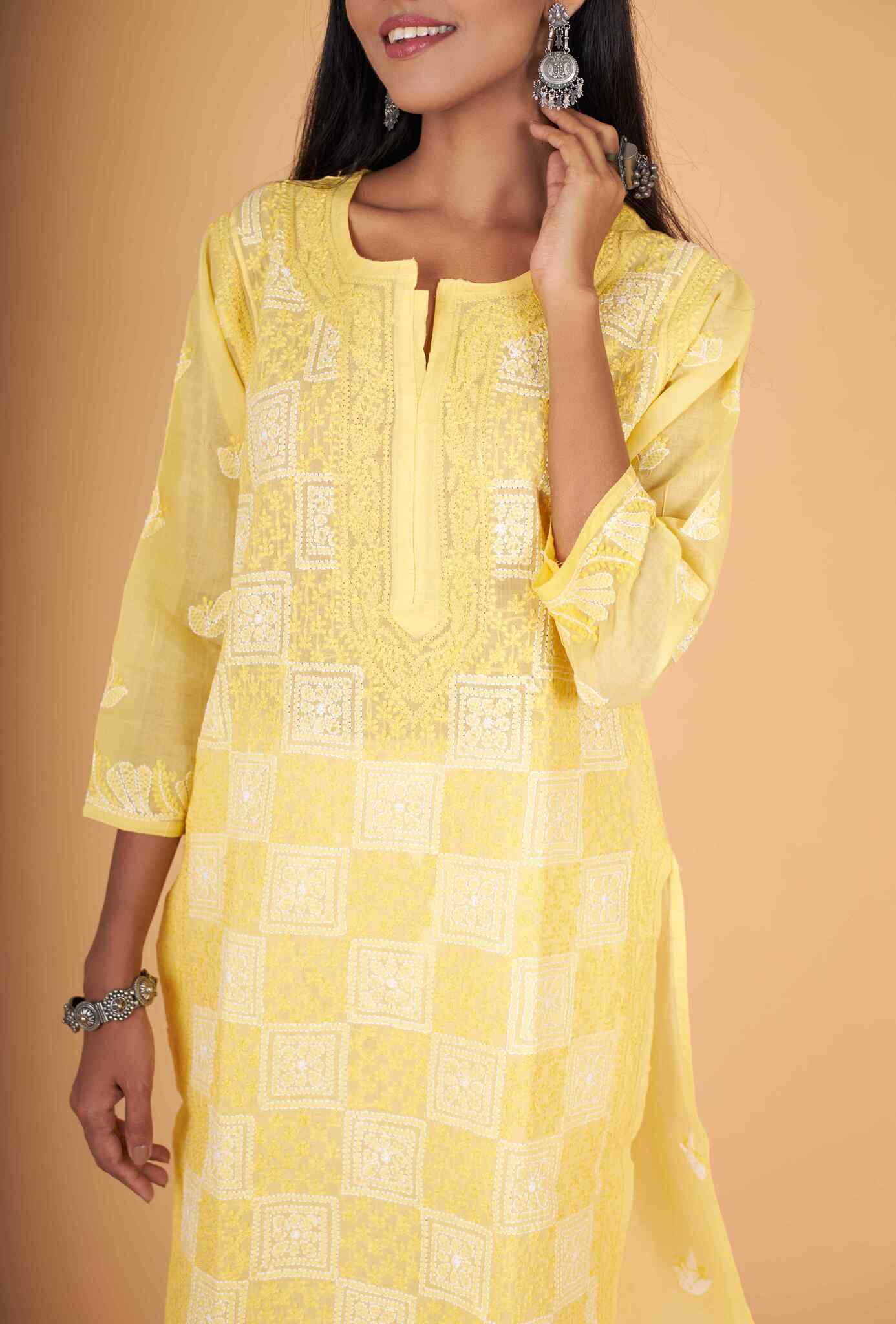 Arsh Handcrafted Yellow Front Jaal Pure Cotton Kurti - Image 5
