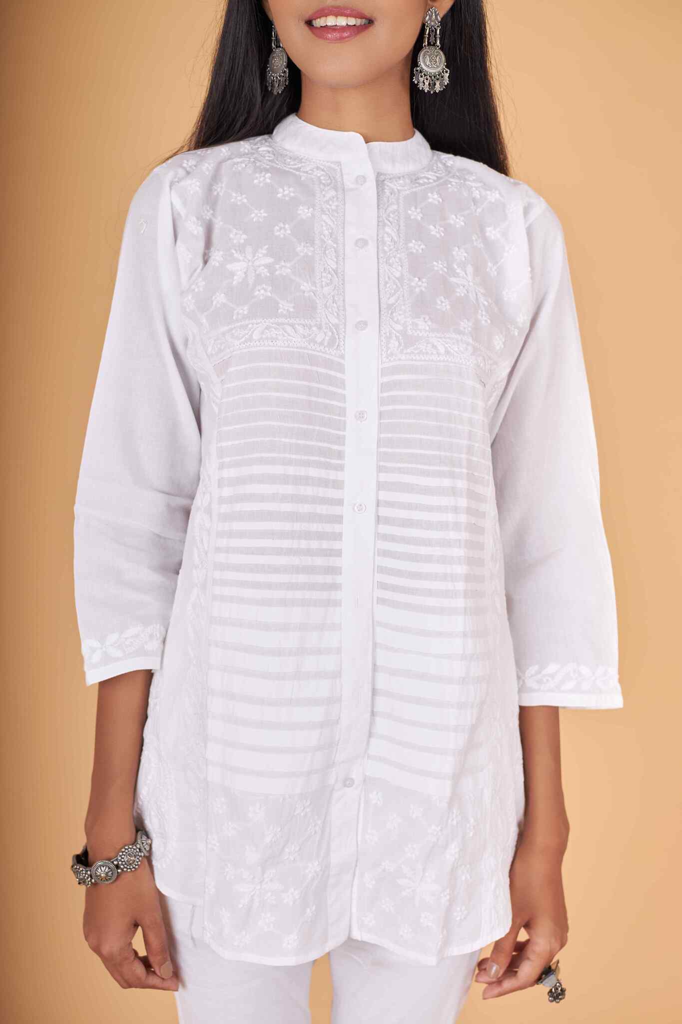 Arsh Handcrafted Pure Cotton Pintucks Stitch Chikan Shirt - Image 2