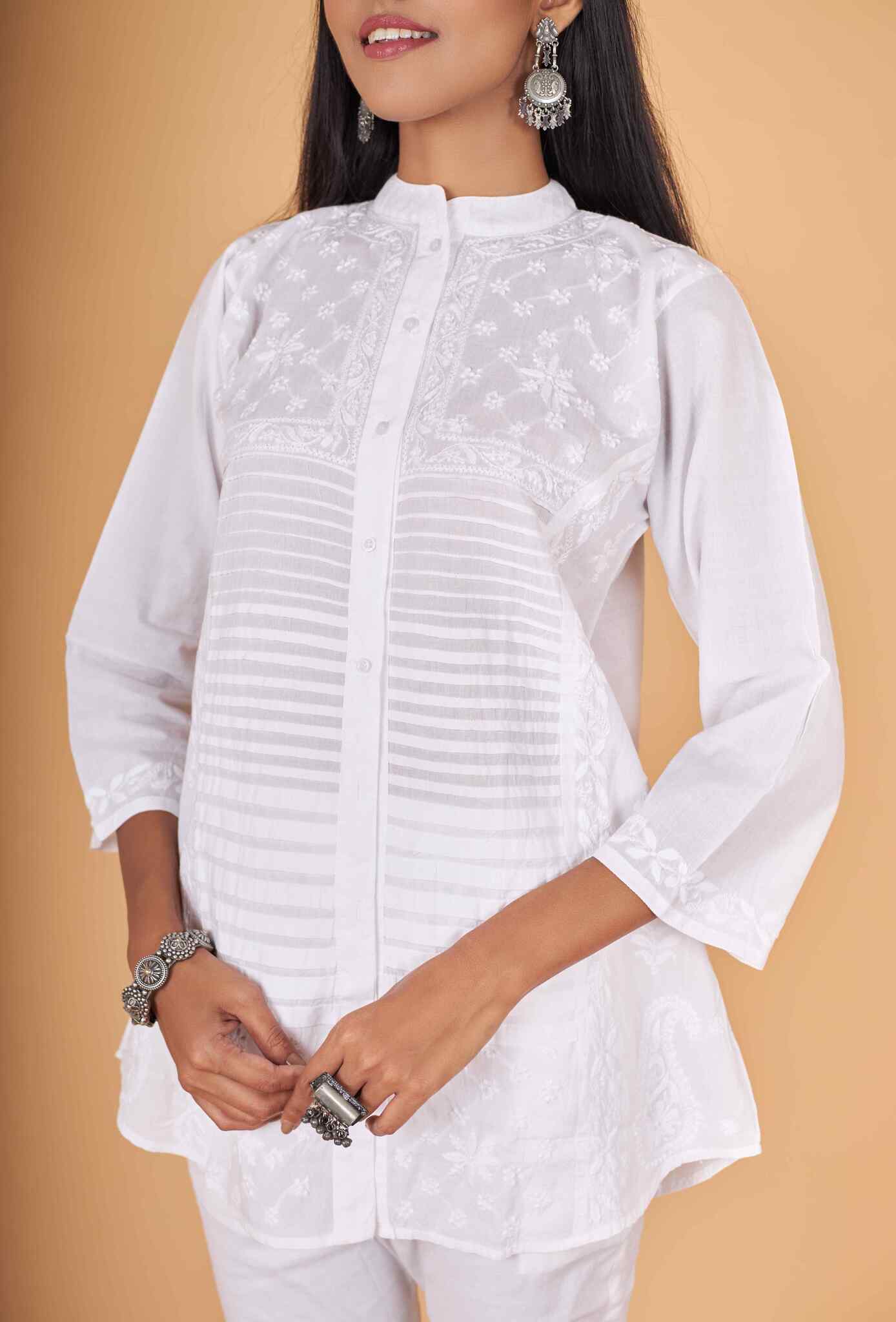 Arsh Handcrafted Pure Cotton Pintucks Stitch Chikan Shirt - Image 5