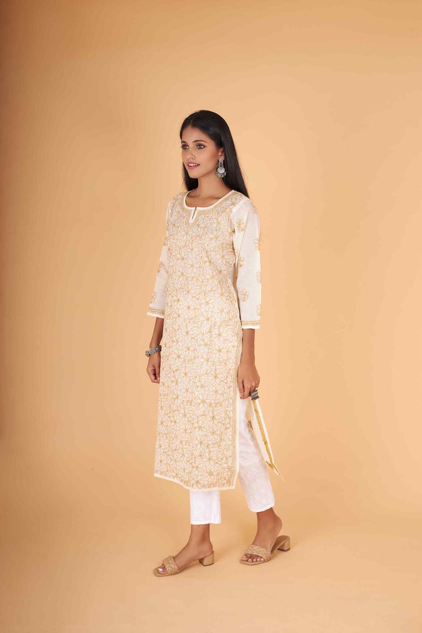 Arsh Handcrafted Fawn Front Jaal Pure Cotton Kurti - Image 3