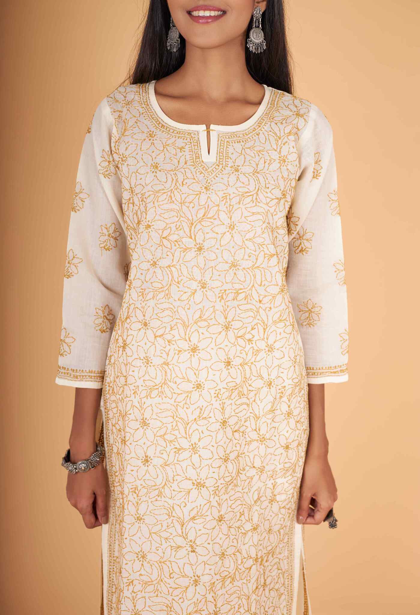 Arsh Handcrafted Fawn Front Jaal Pure Cotton Kurti - Image 4