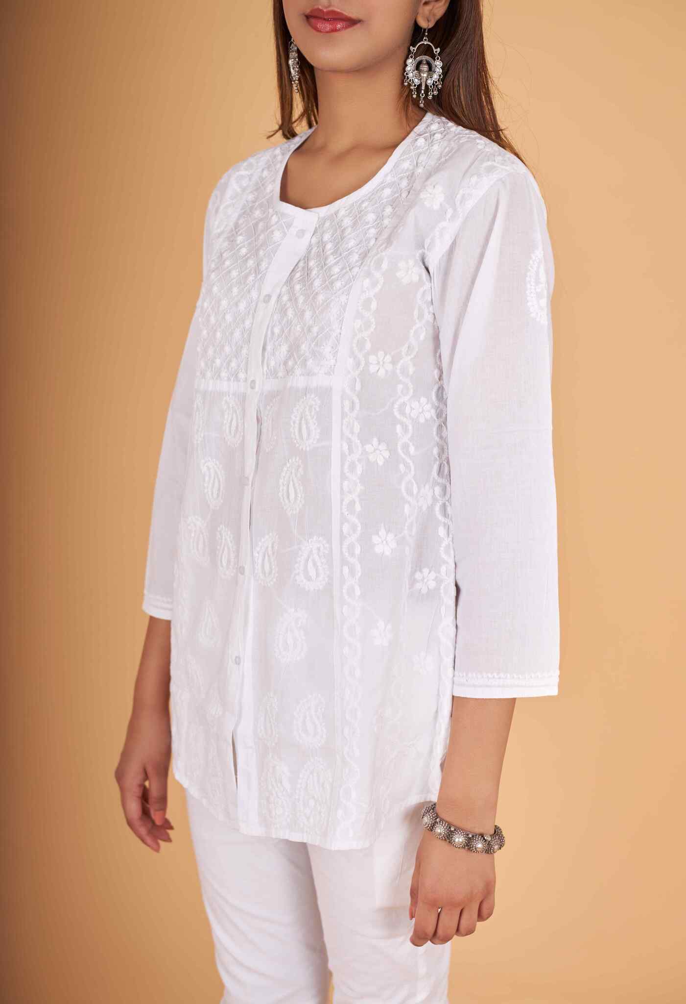 Arsh Handcrafted Pure Cotton Yog Neck Keel Chikan Shirt - Image 4