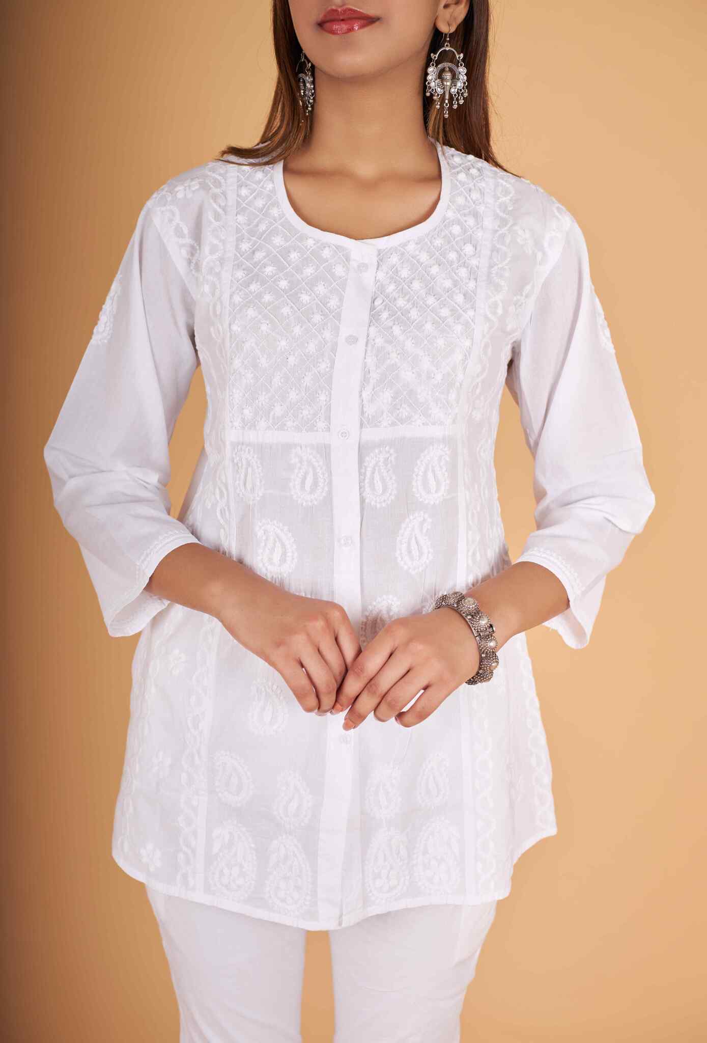 Arsh Handcrafted Pure Cotton Yog Neck Keel Chikan Shirt - Image 5