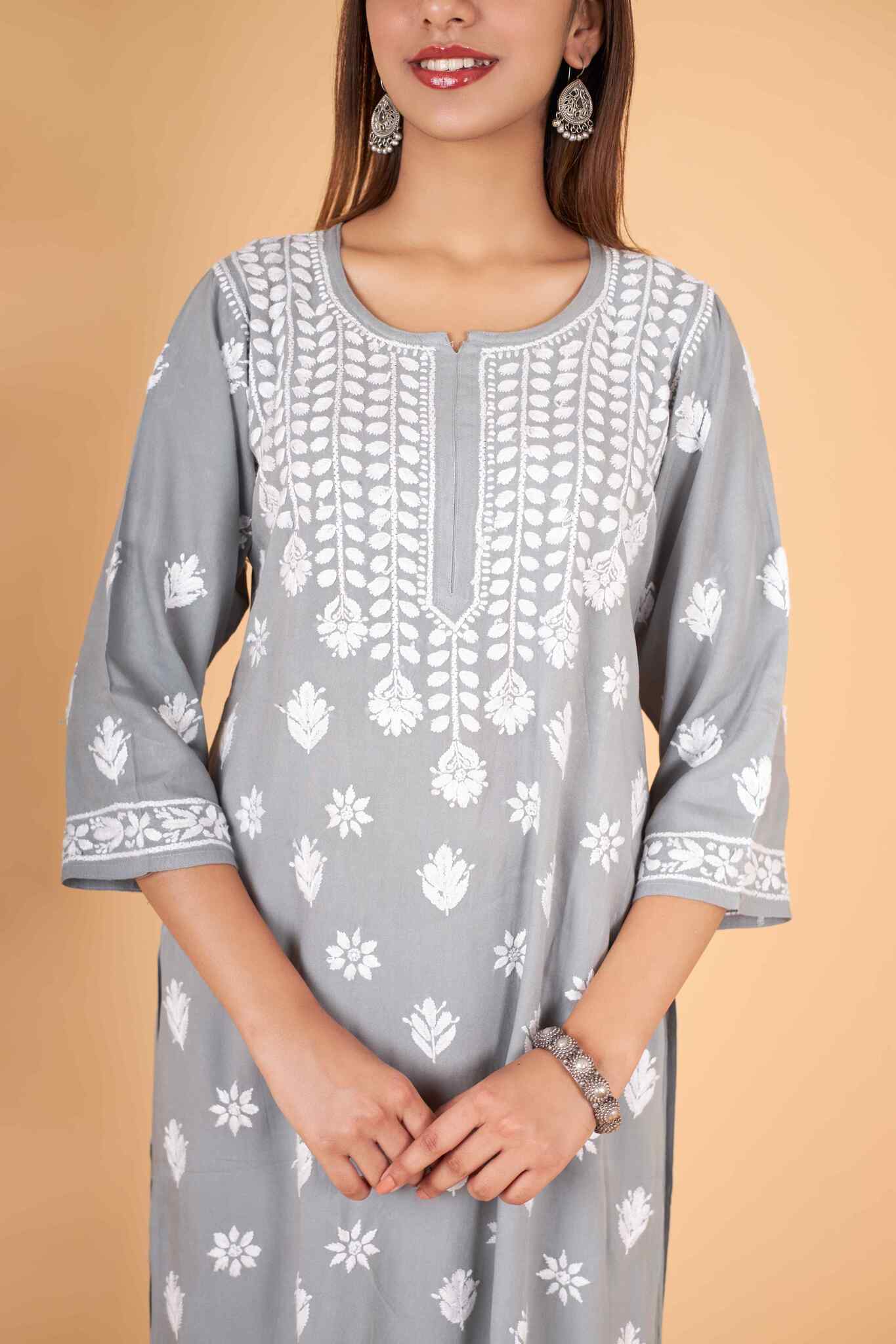 Arsh Handcrafted Kurti And Plazzo 2 pc Chikankari Set in Steel Grey Colour - Image 2