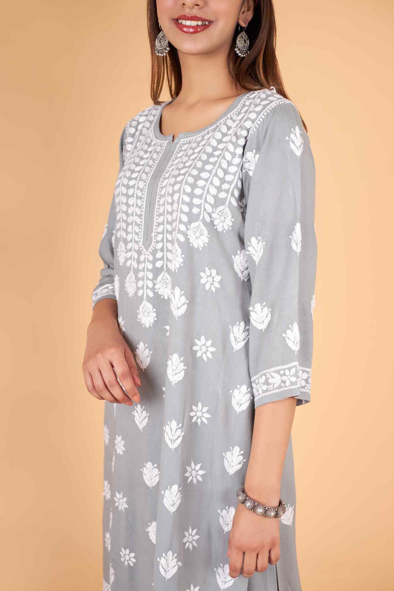 Arsh Handcrafted Kurti And Plazzo 2 pc Chikankari Set in Steel Grey Colour - Image 3