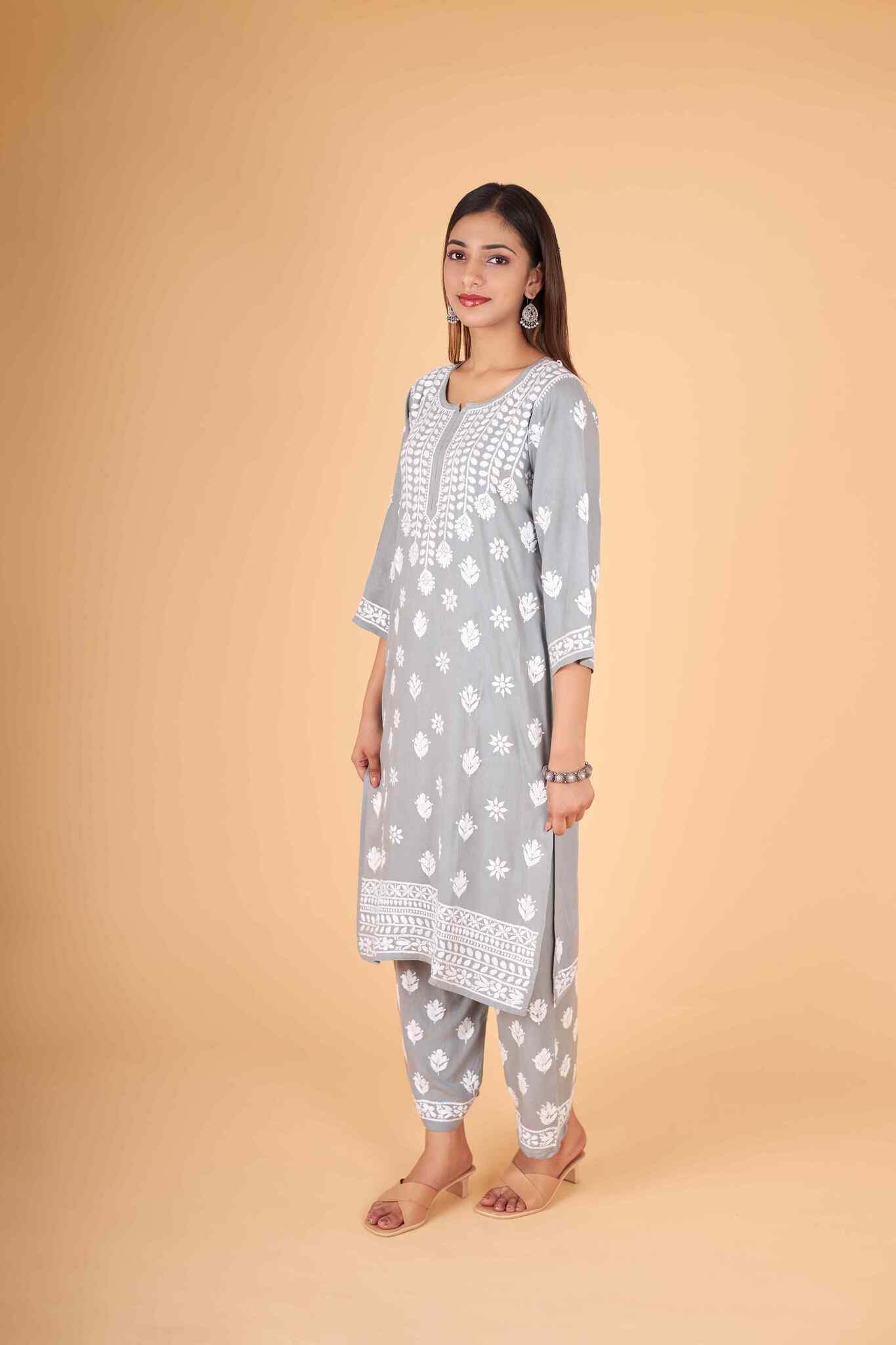 Arsh Handcrafted Kurti And Plazzo 2 pc Chikankari Set in Steel Grey Colour - Image 5