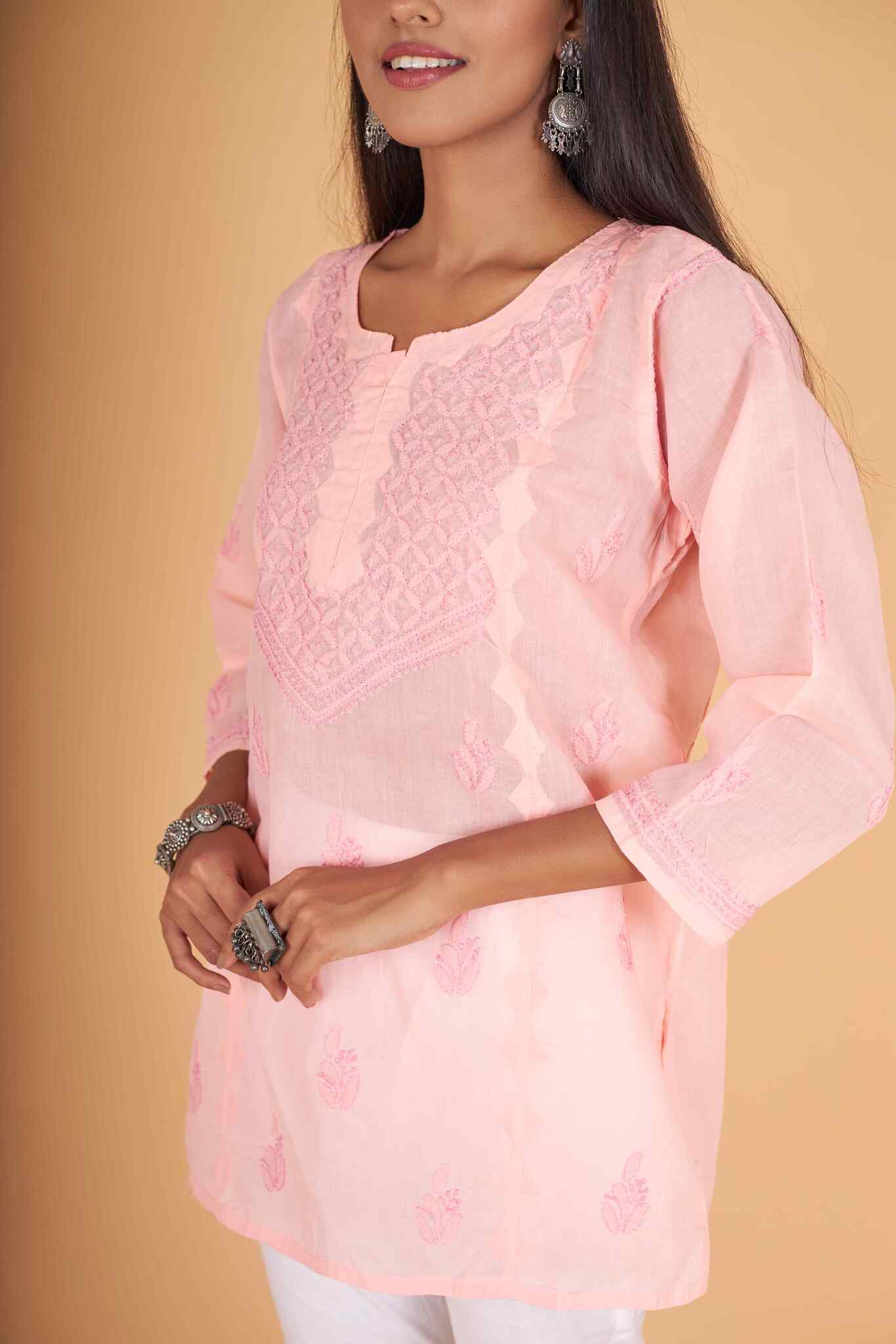 Arsh Handcrafted Peach Pure Cotton Chikankari Daraj Short Top - Image 2