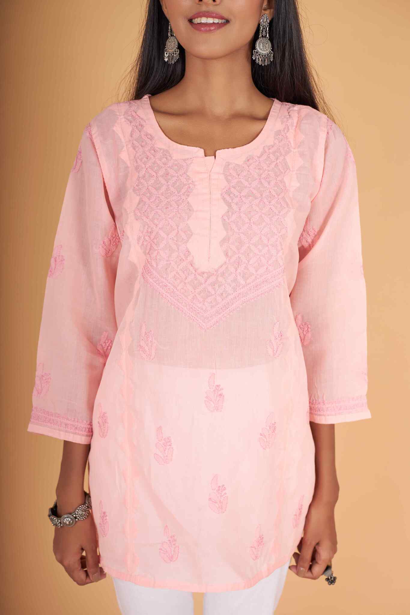 Arsh Handcrafted Peach Pure Cotton Chikankari Daraj Short Top - Image 5