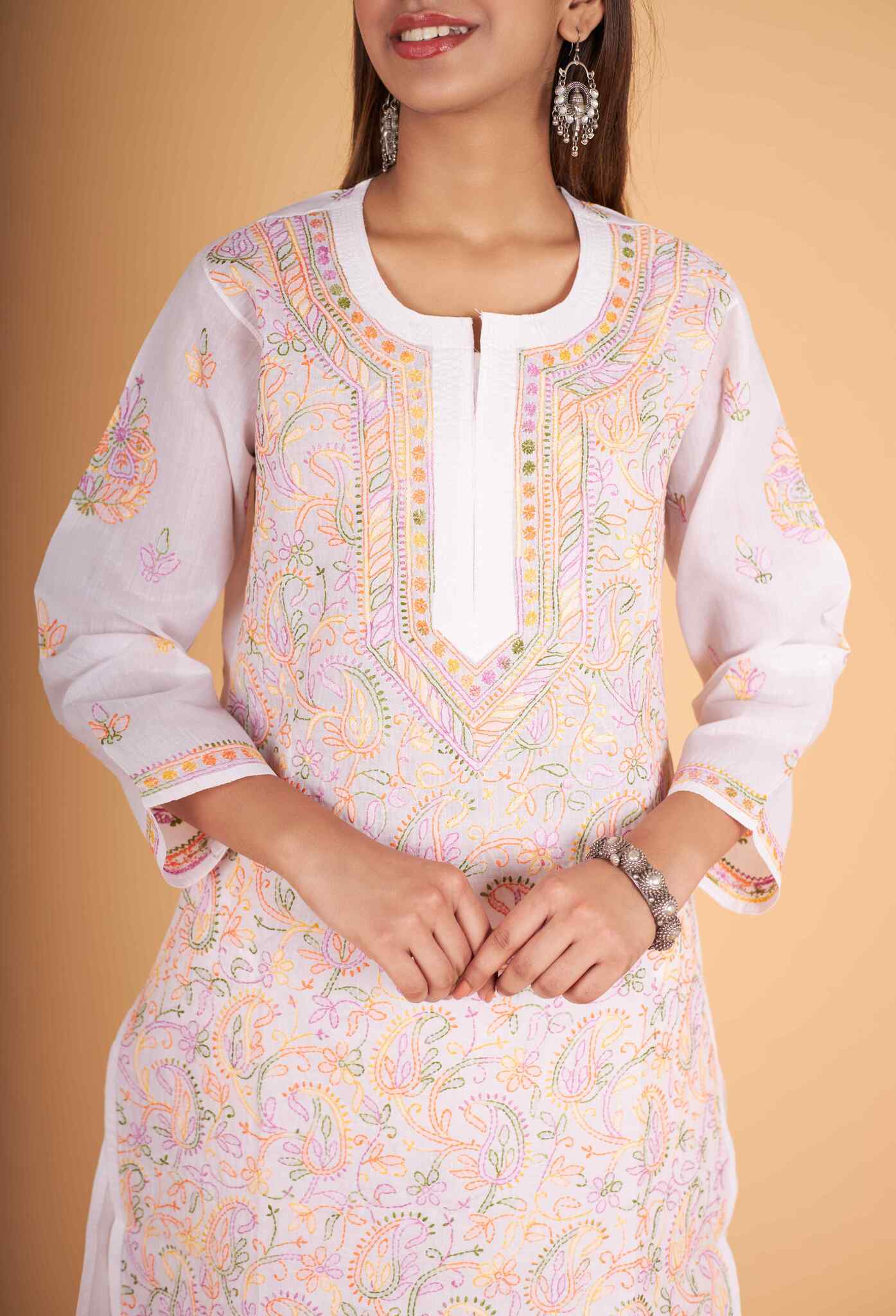 Arsh Handcrafted Multi on White Cotton Kurti - Image 3