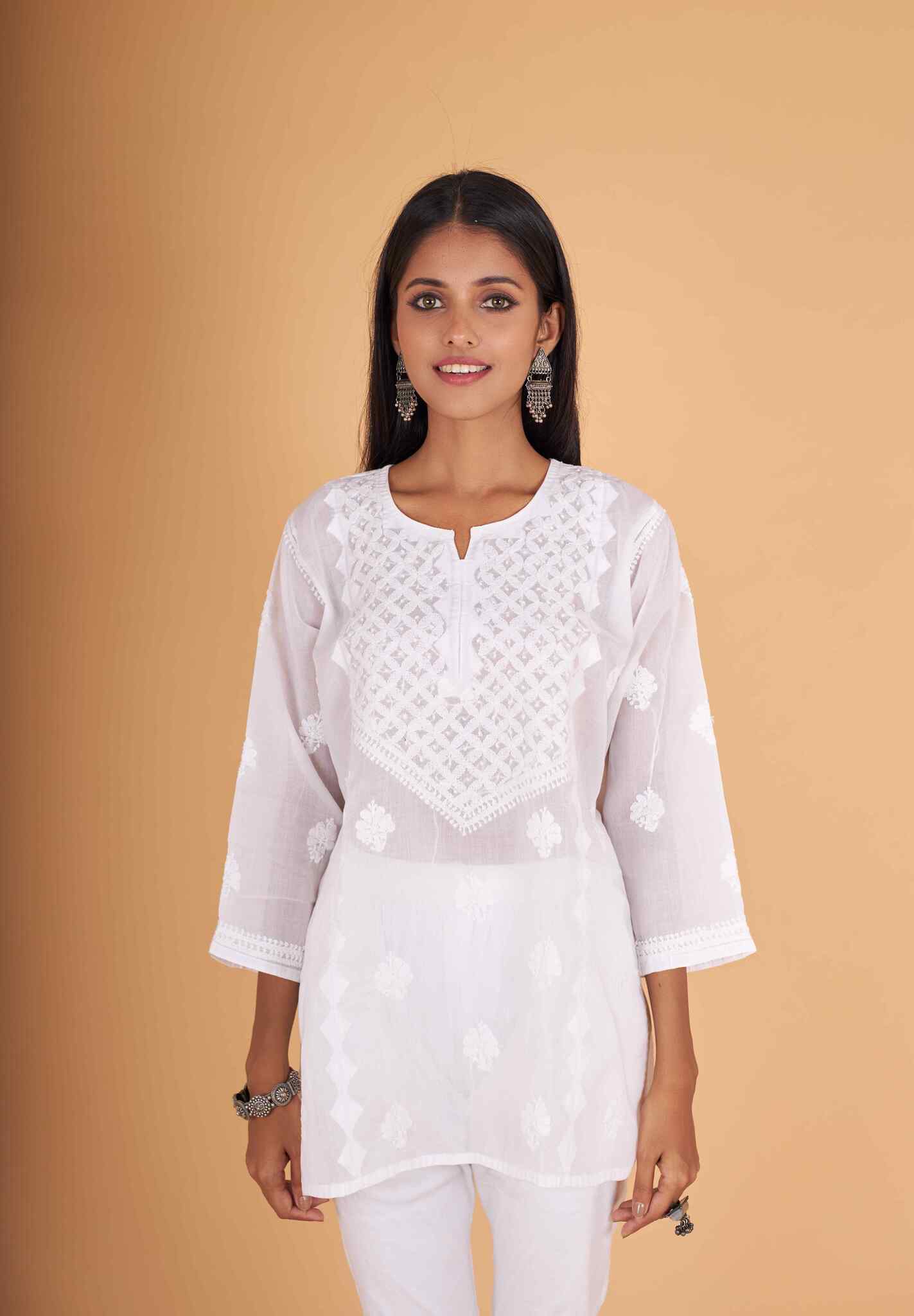 Arsh Handcrafted White Pure Cotton Chikan Short Top - Image 5