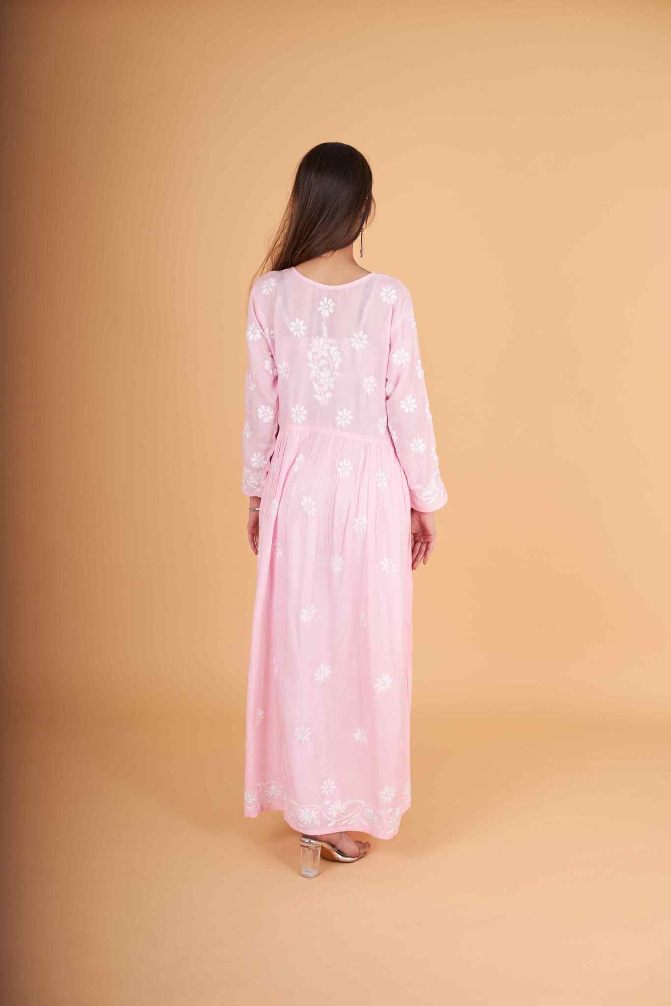 Arsh Handcrafted Pink Modal Chikankari Gown Dress - Image 2