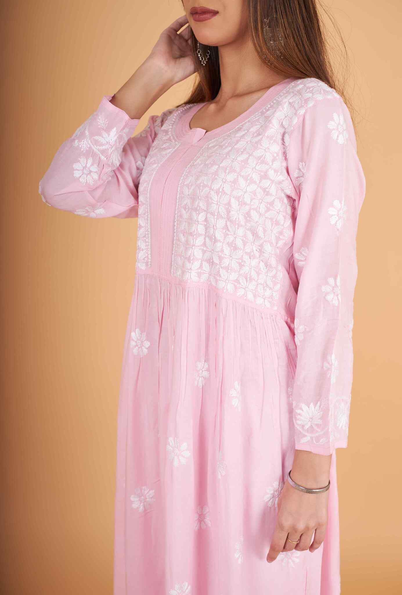 Arsh Handcrafted Pink Modal Chikankari Gown Dress - Image 4