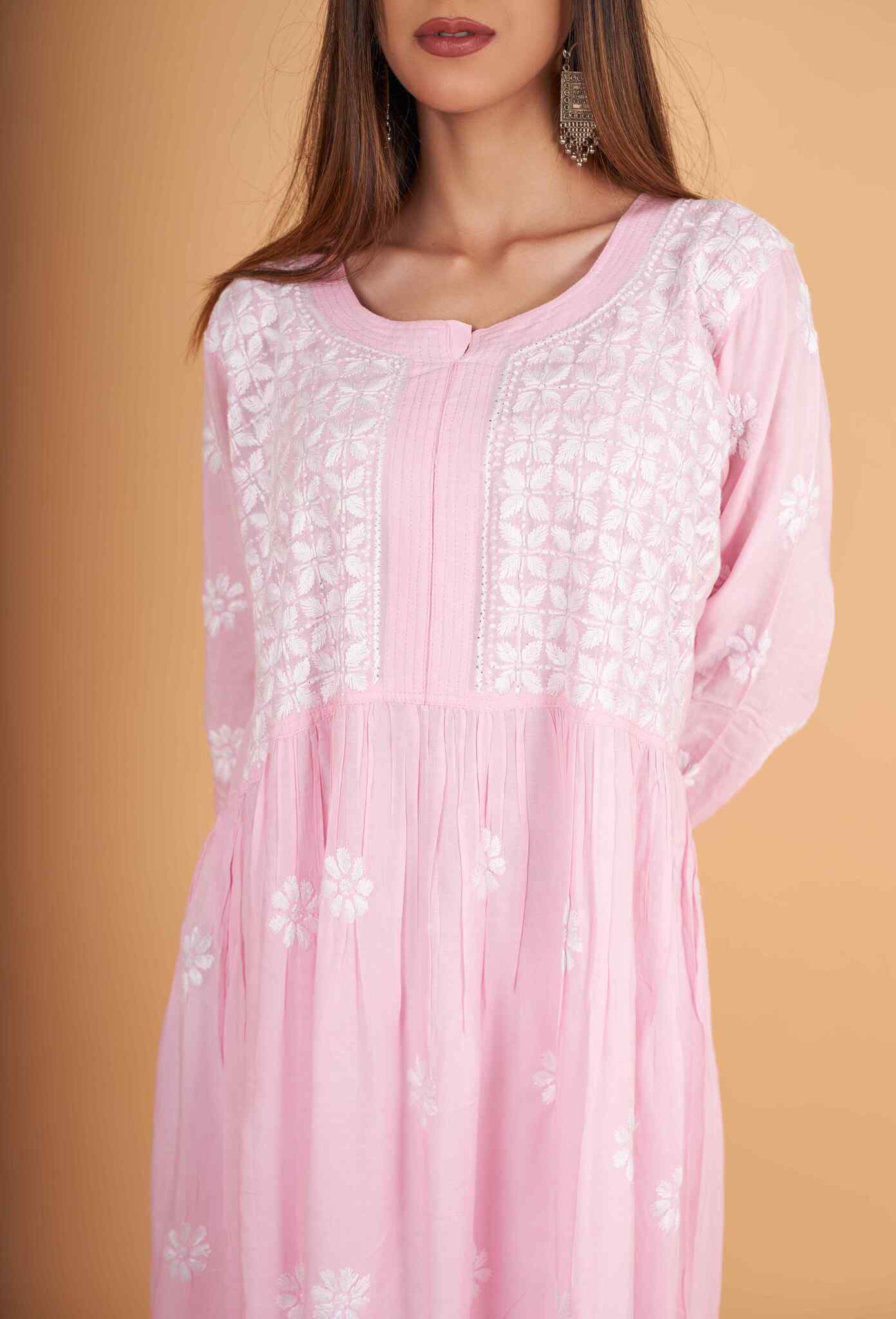 Arsh Handcrafted Pink Modal Chikankari Gown Dress - Image 5