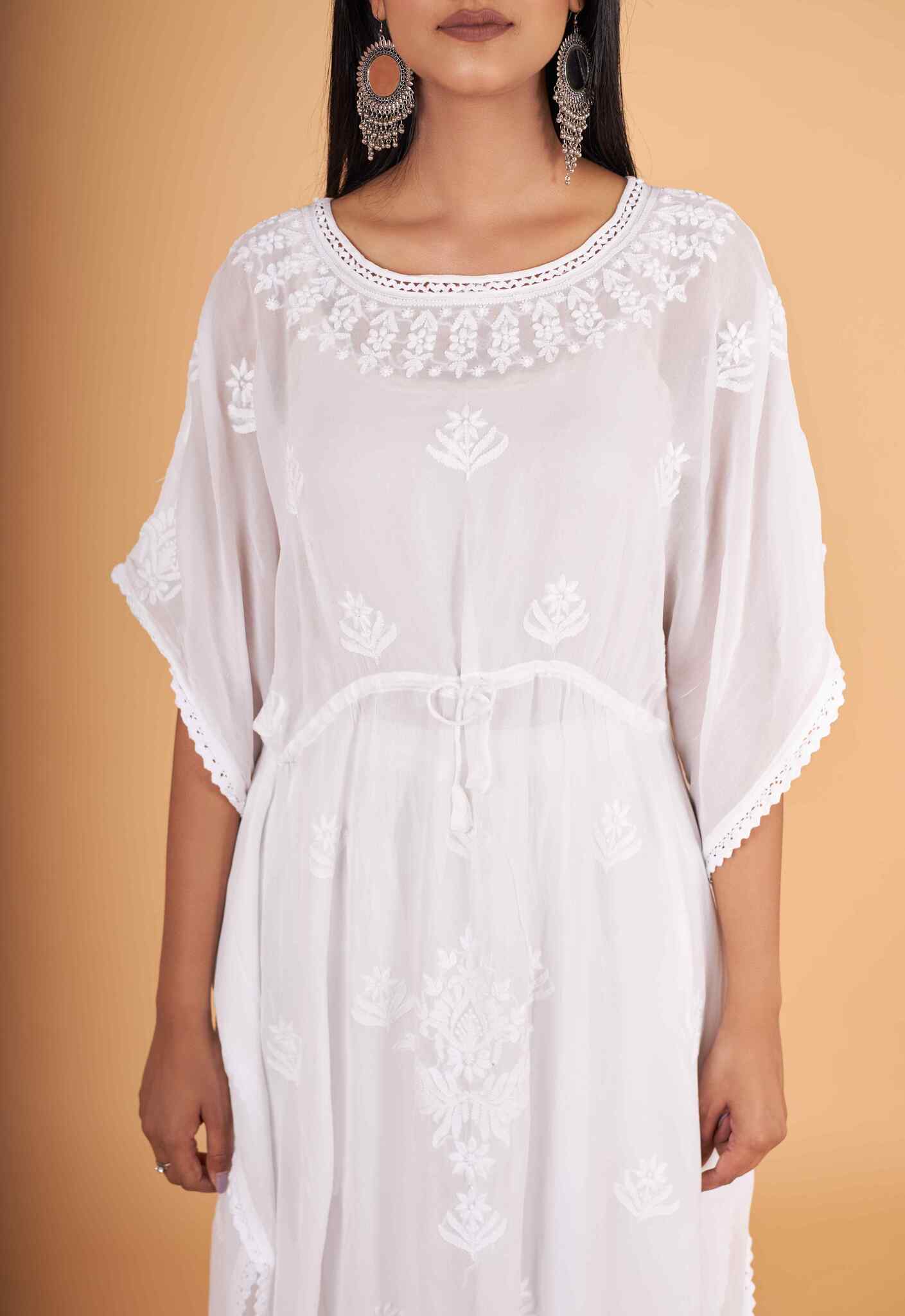 Arsh Handcrafted White Pure Viscose Georgette Kaftaan Dress - Image 3