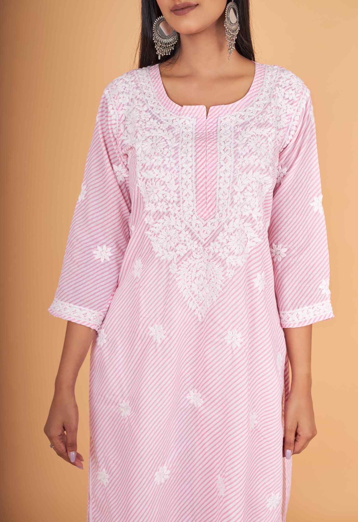 Arsh Handcrafted Leheriya Print Pure Cotton Chikan Kurti - Image 2