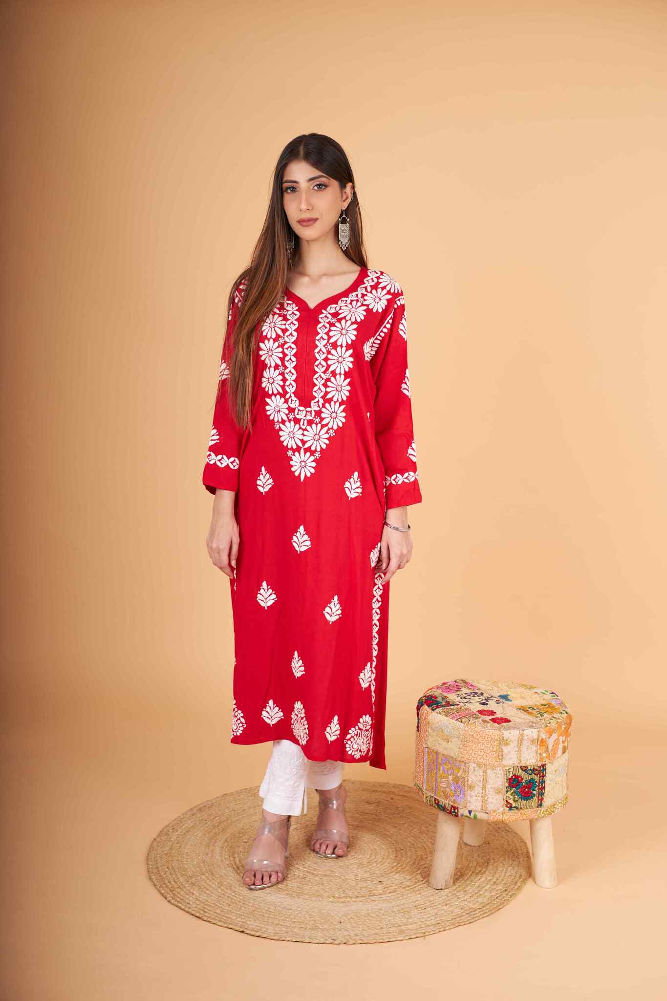 Arsh Handcrafted Red Salab Cotton Chikankari Kurti - Image 6