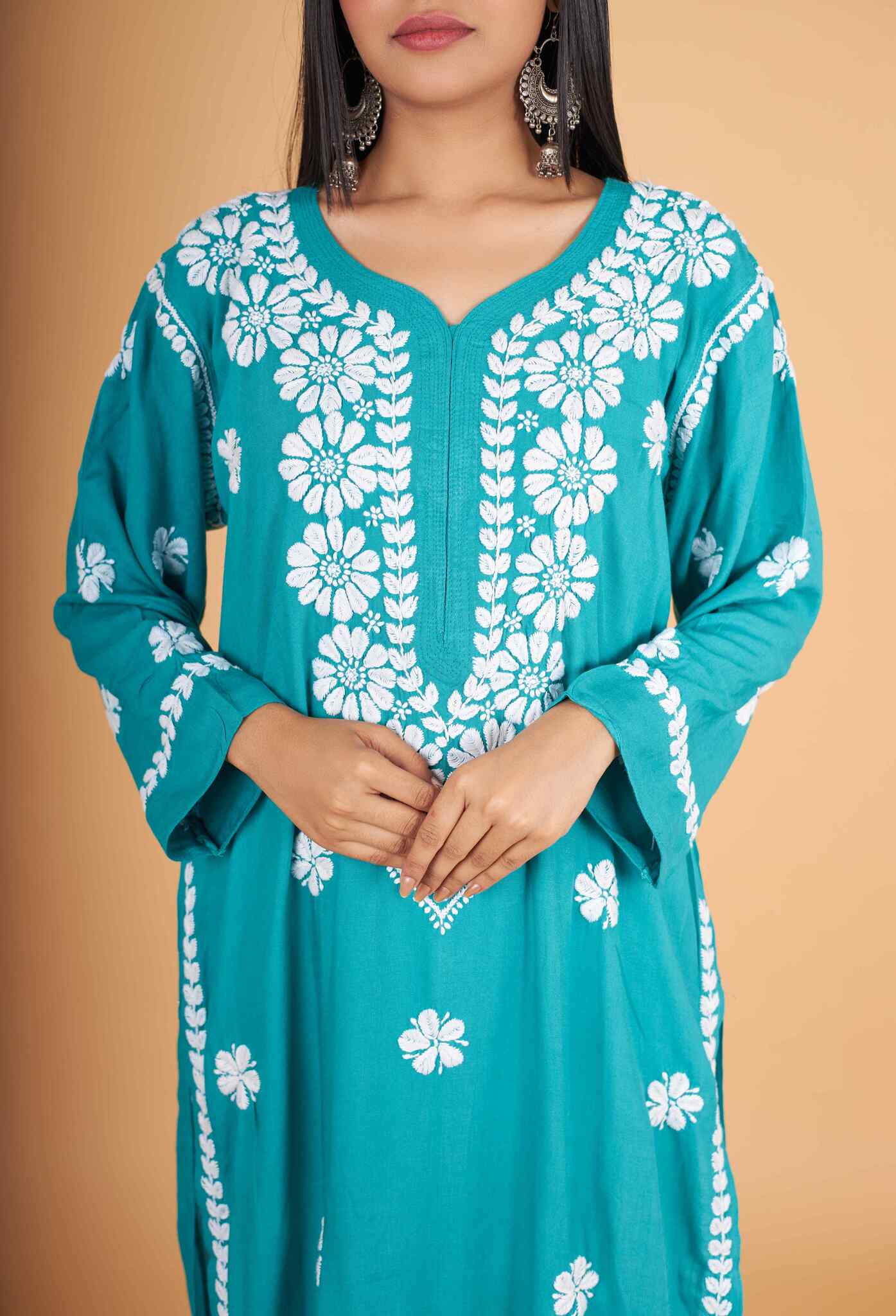 Arsh Handcrafted Peacock Blue Salab Cotton Chikankari Kurti - Image 2