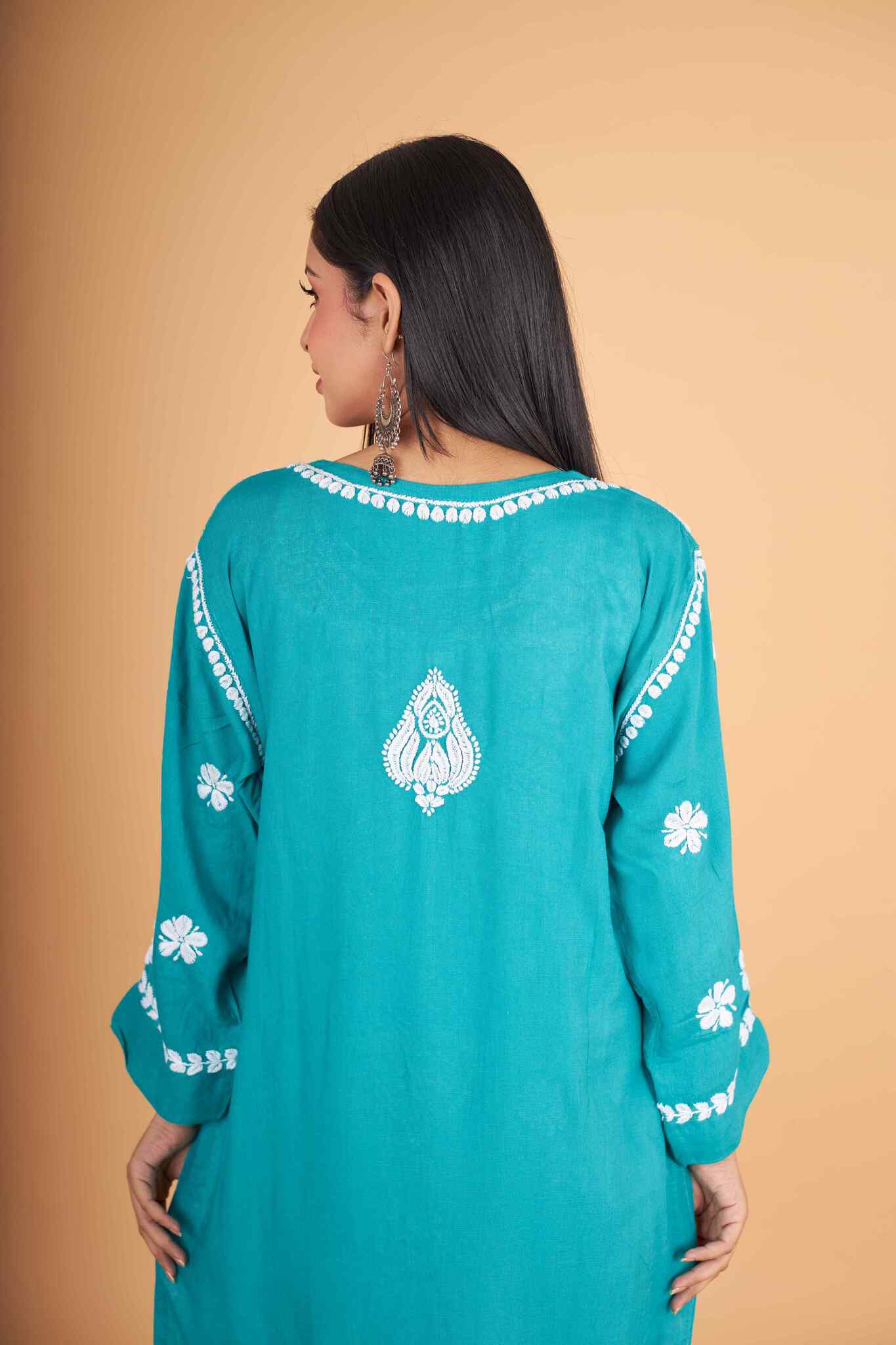 Arsh Handcrafted Peacock Blue Salab Cotton Chikankari Kurti - Image 4