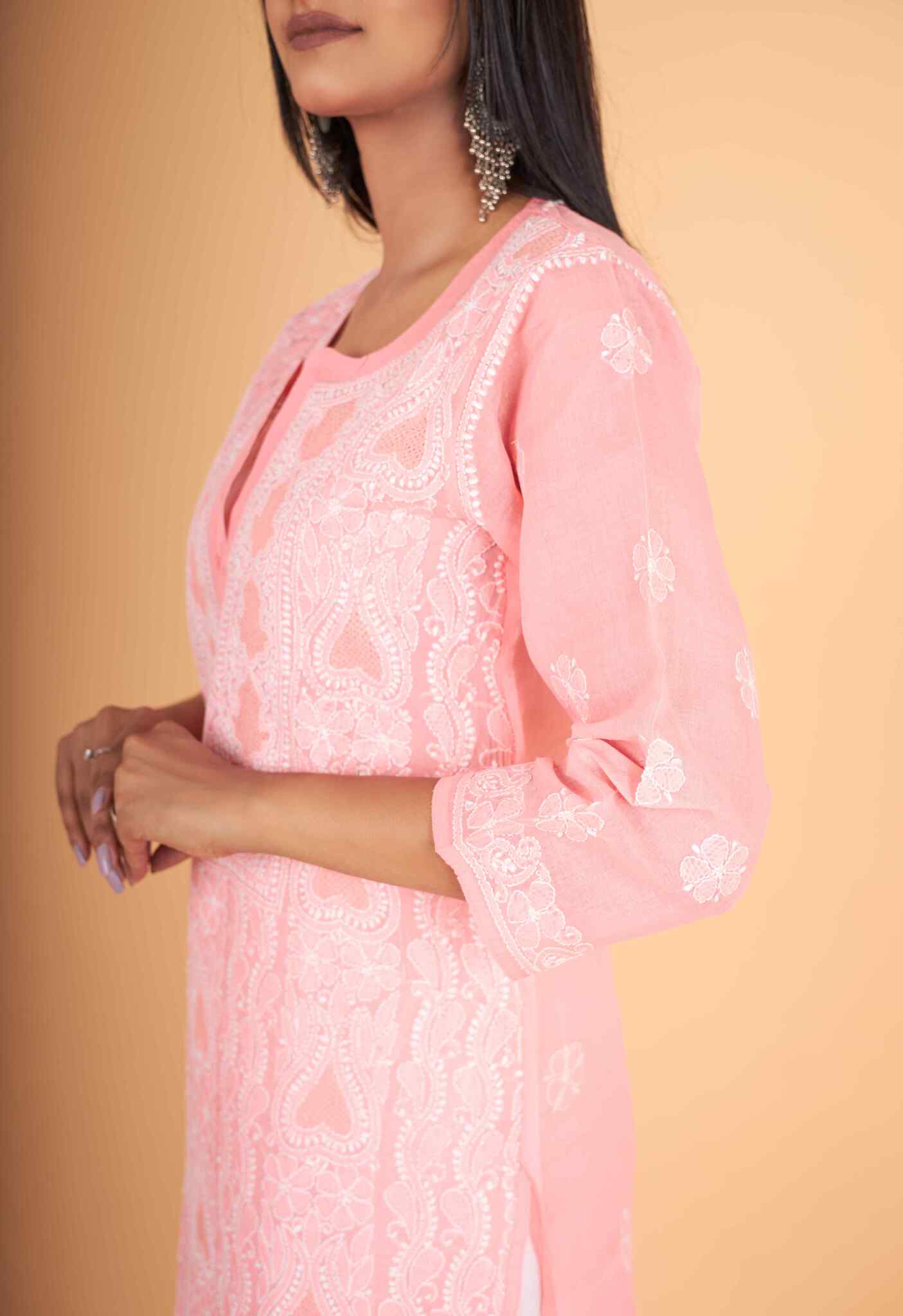 Arsh Handcrafted Dark Peach Front Jaal with handmade Jaali Kurti - Image 5