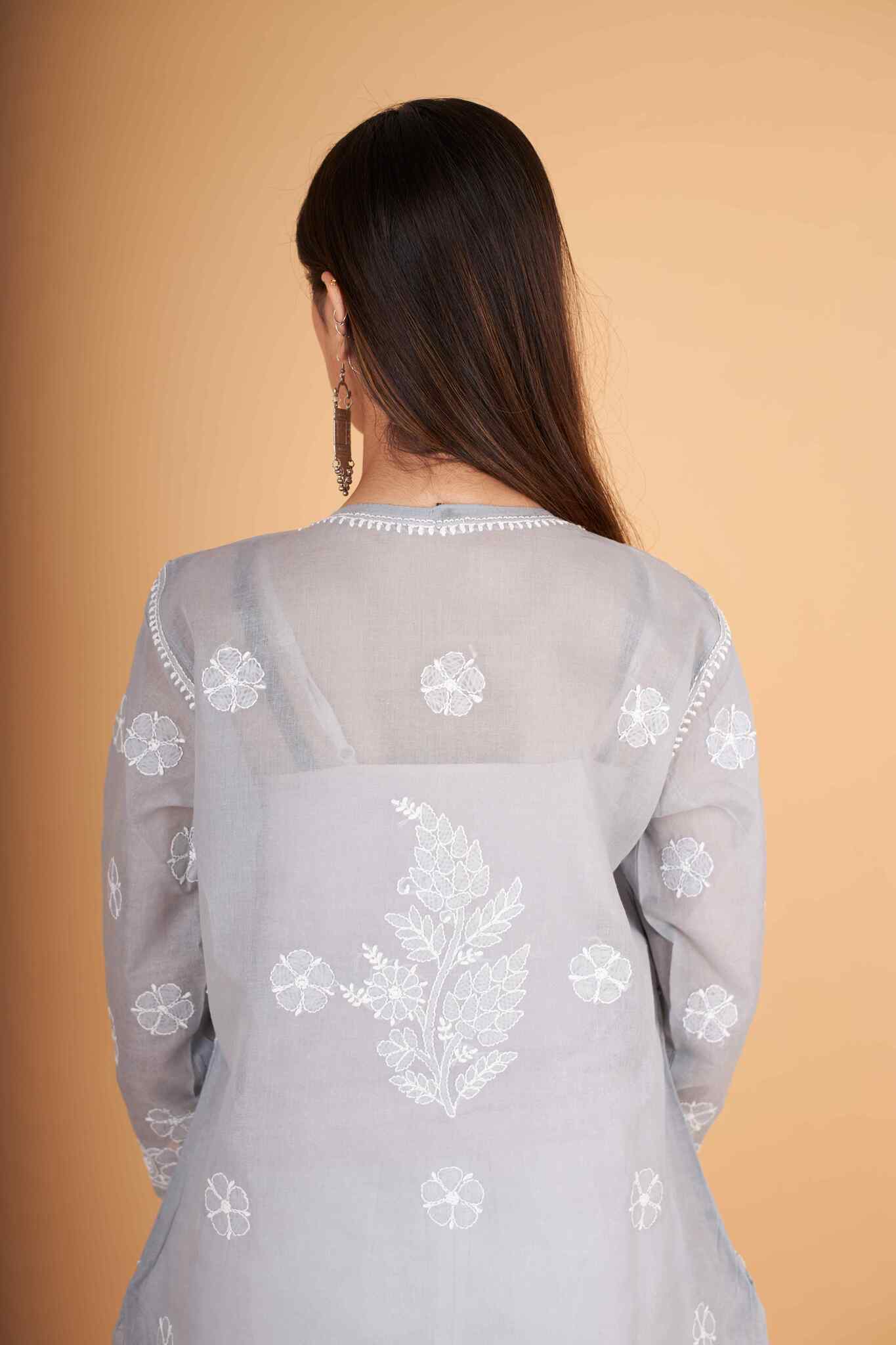 Arsh Handcrafted Grey Front Jaal with handmade Jaali Chikankari Kurti - Image 4