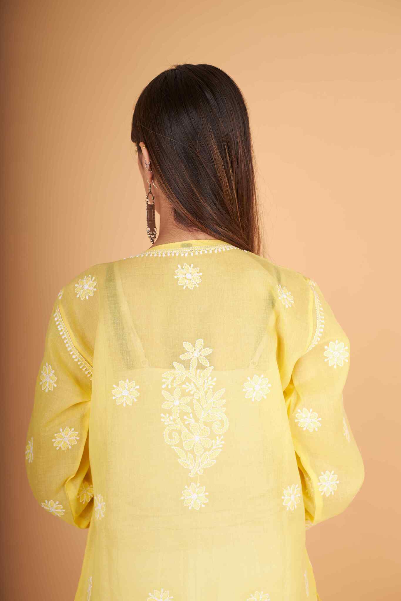 Arsh Handcrafted Pastel Yellow Front Jaal with handmade Jaali Chikankari Kurti - Image 2