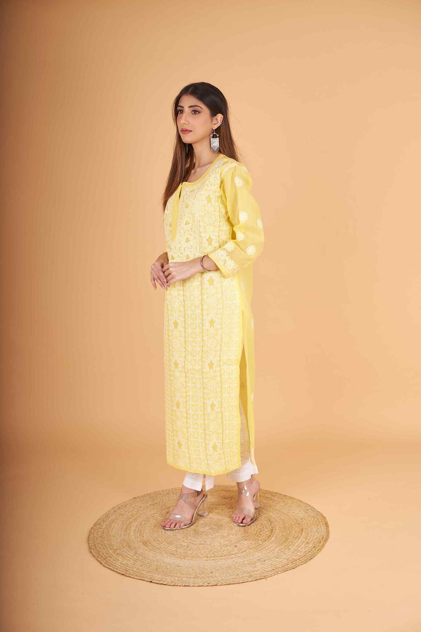 Arsh Handcrafted Pastel Yellow Front Jaal with handmade Jaali Chikankari Kurti - Image 3