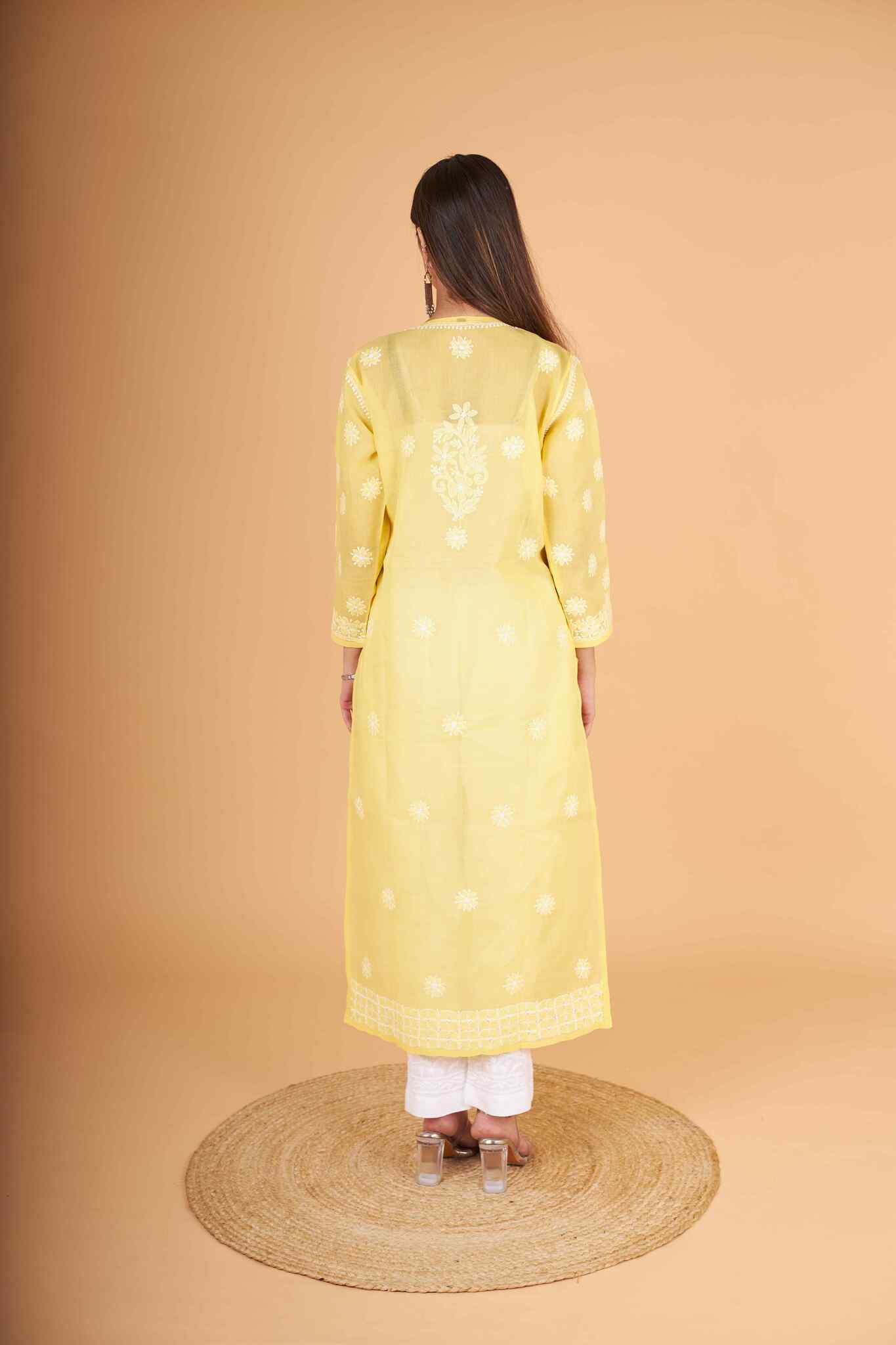 Arsh Handcrafted Pastel Yellow Front Jaal with handmade Jaali Chikankari Kurti - Image 4