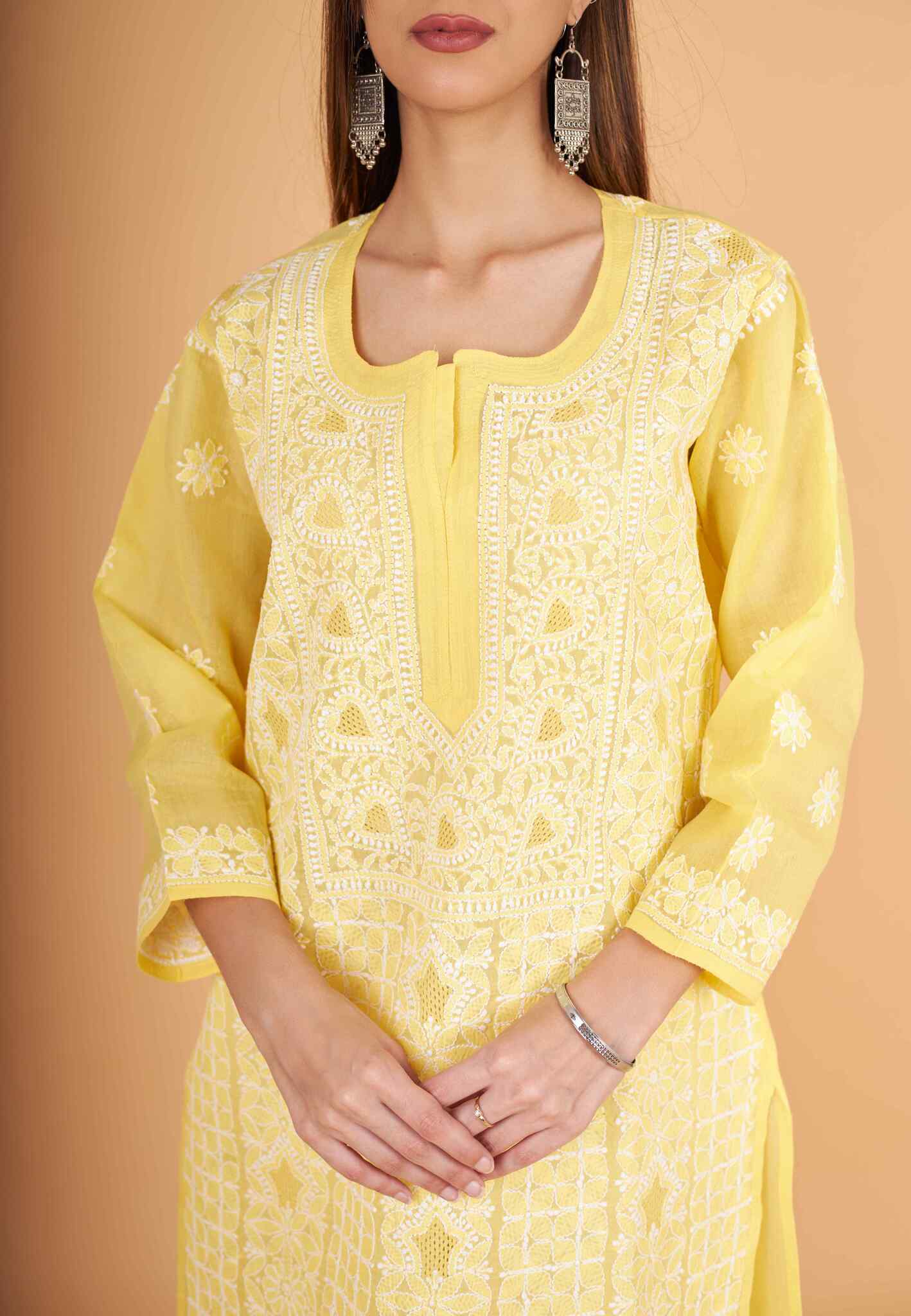 Arsh Handcrafted Pastel Yellow Front Jaal with handmade Jaali Chikankari Kurti - Image 5
