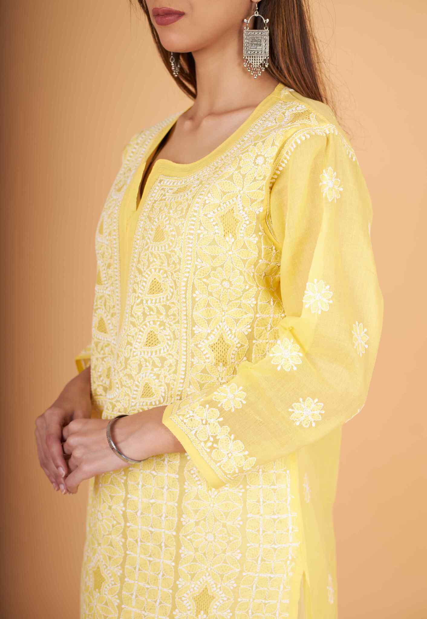 Arsh Handcrafted Pastel Yellow Front Jaal with handmade Jaali Chikankari Kurti - Image 6