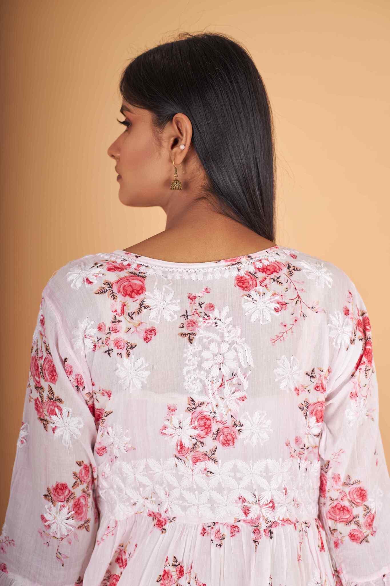 Arsh Handcrafted MulMul Cotton Printed Chikankari Frock Pattern Top - Image 4