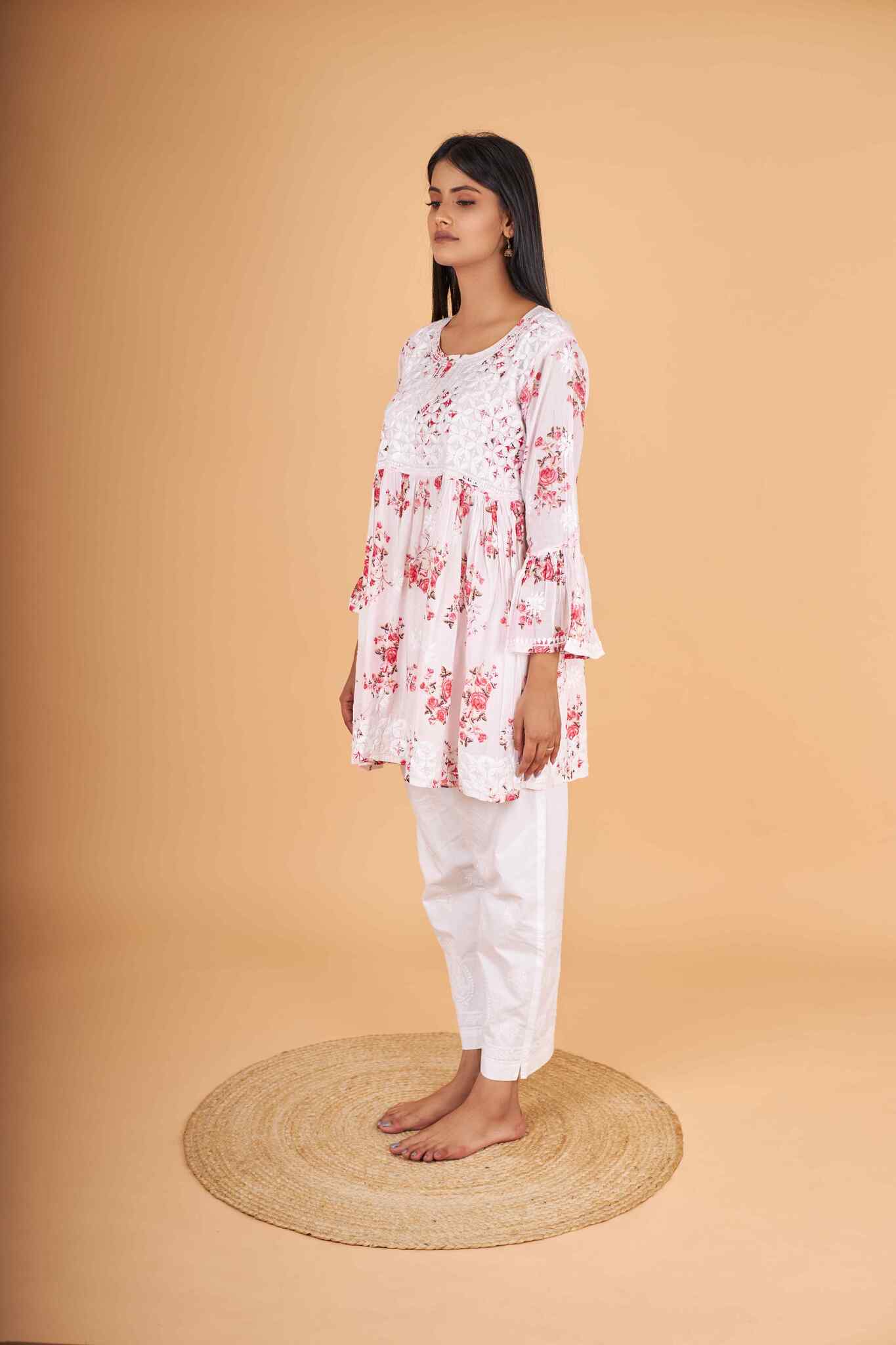 Arsh Handcrafted MulMul Cotton Printed Chikankari Frock Pattern Top - Image 5