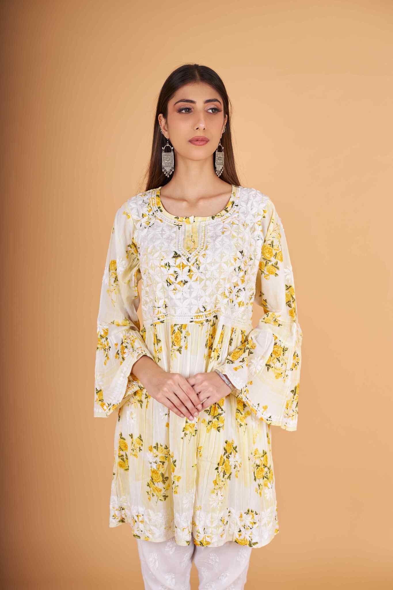 Arsh Handcrafted MulMul Cotton Printed Chikankari Frock Pattern Top - Image 2