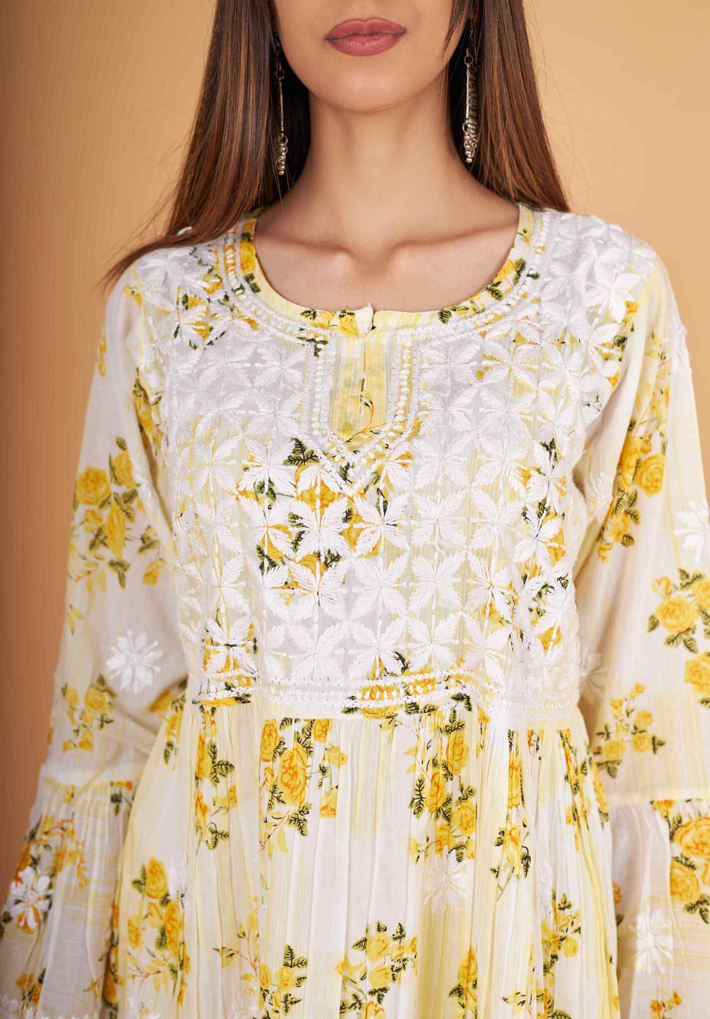 Arsh Handcrafted MulMul Cotton Printed Chikankari Frock Pattern Top - Image 3