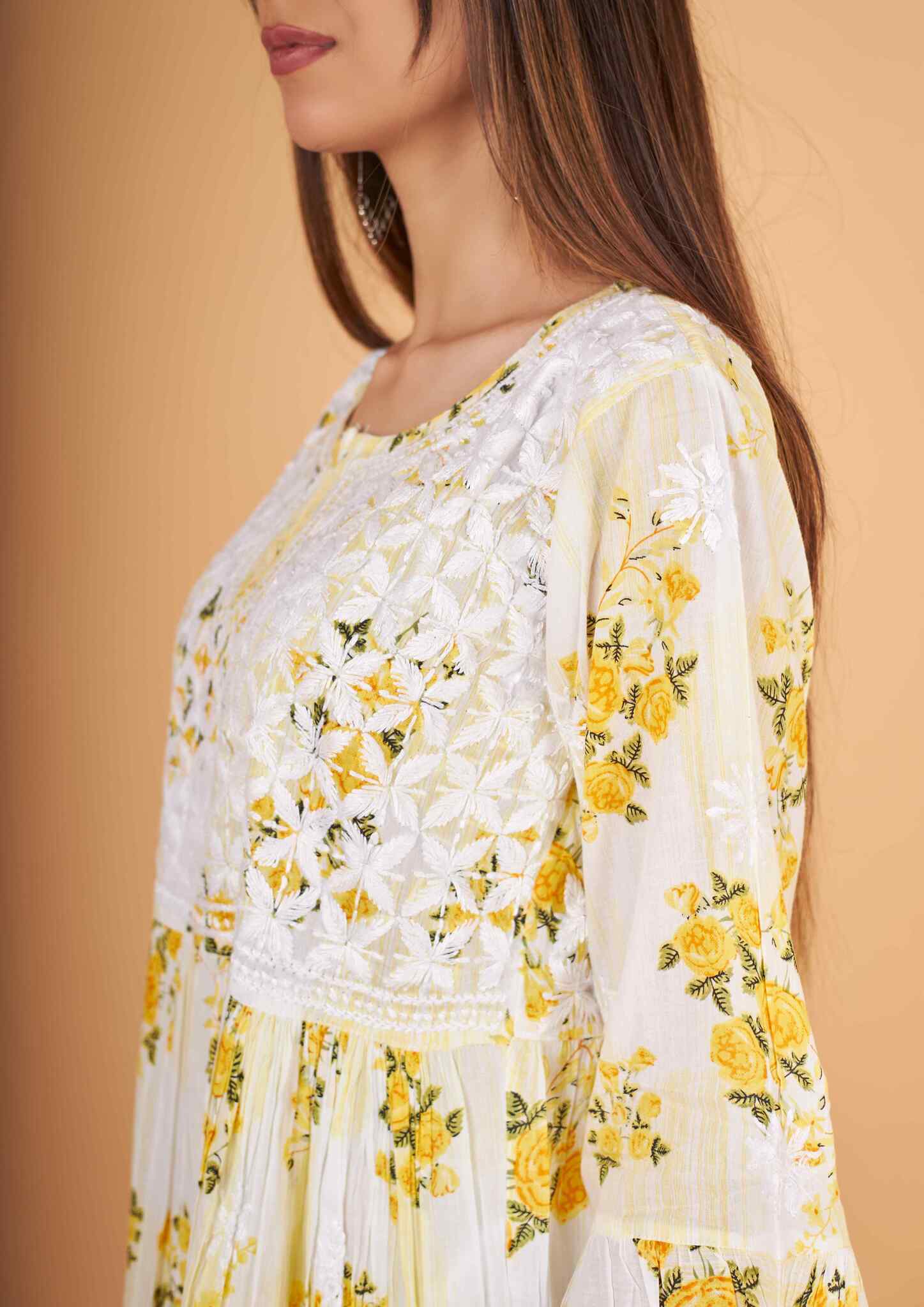 Arsh Handcrafted MulMul Cotton Printed Chikankari Frock Pattern Top - Image 4