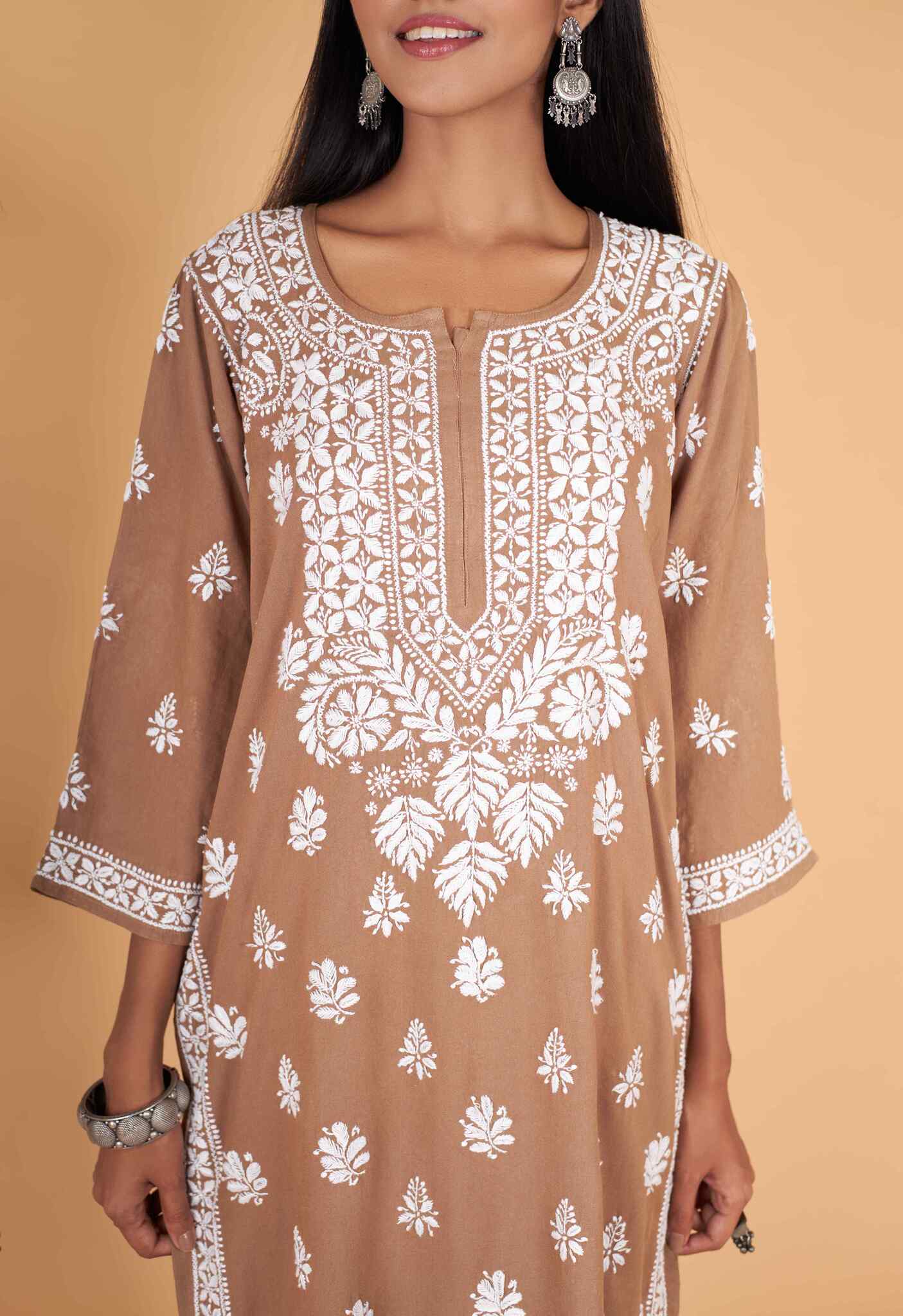 Arsh Handcrafted Kurti And Plazzo 2 pc Chikankari Set in Brown Colour - Image 3