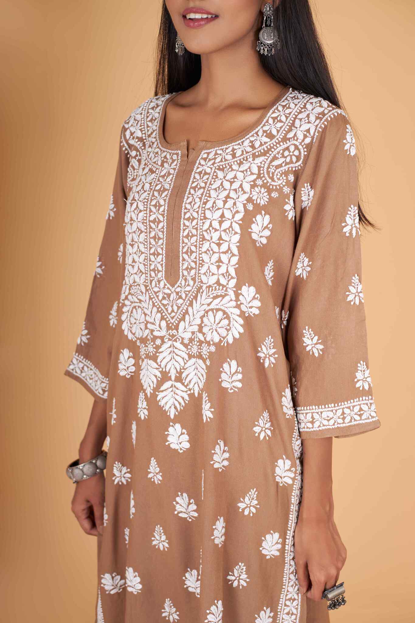 Arsh Handcrafted Kurti And Plazzo 2 pc Chikankari Set in Brown Colour - Image 4