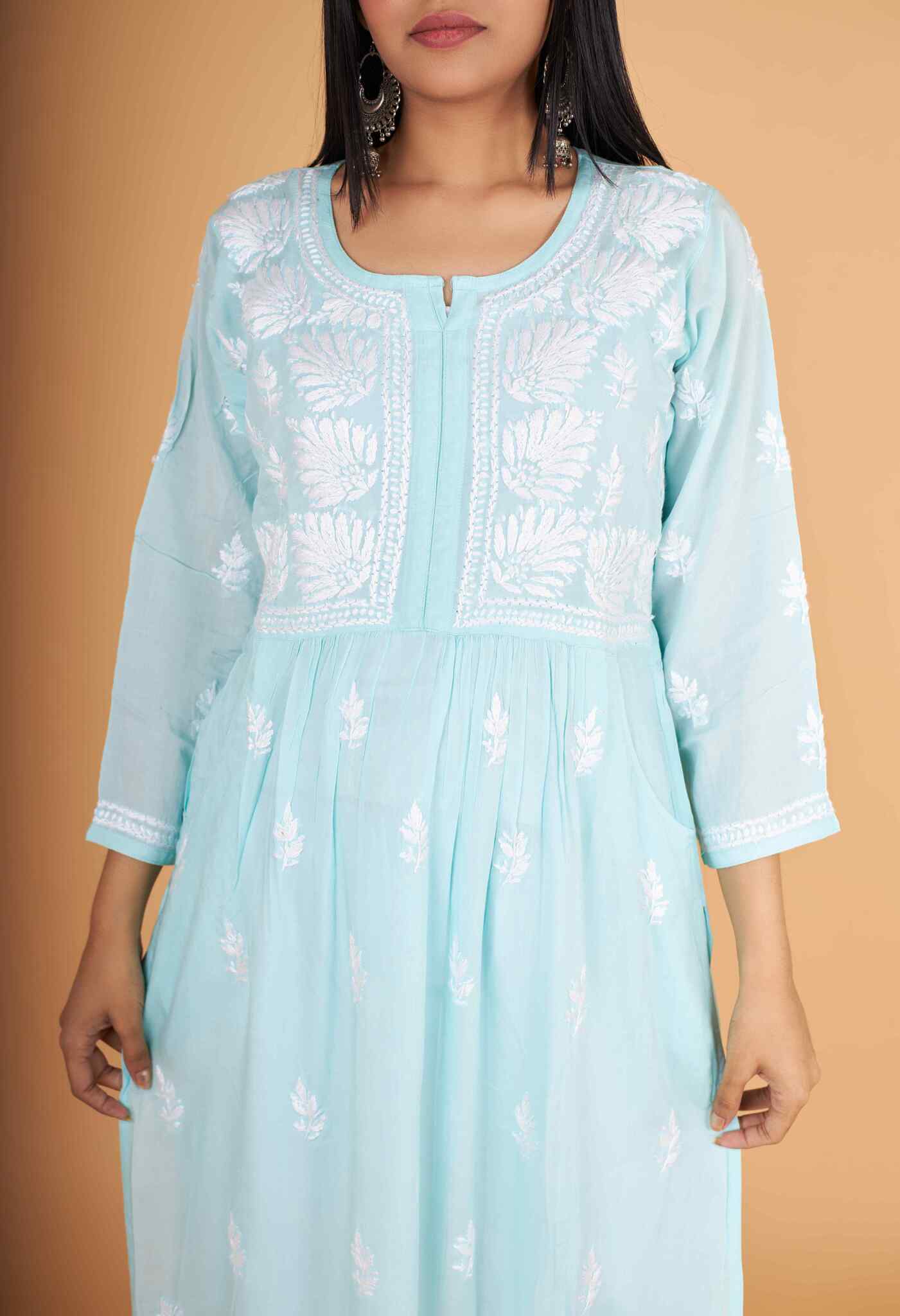 Arsh Handcrafted Sea Green Modal Chikankari Front Pocket Gown Dress - Image 3