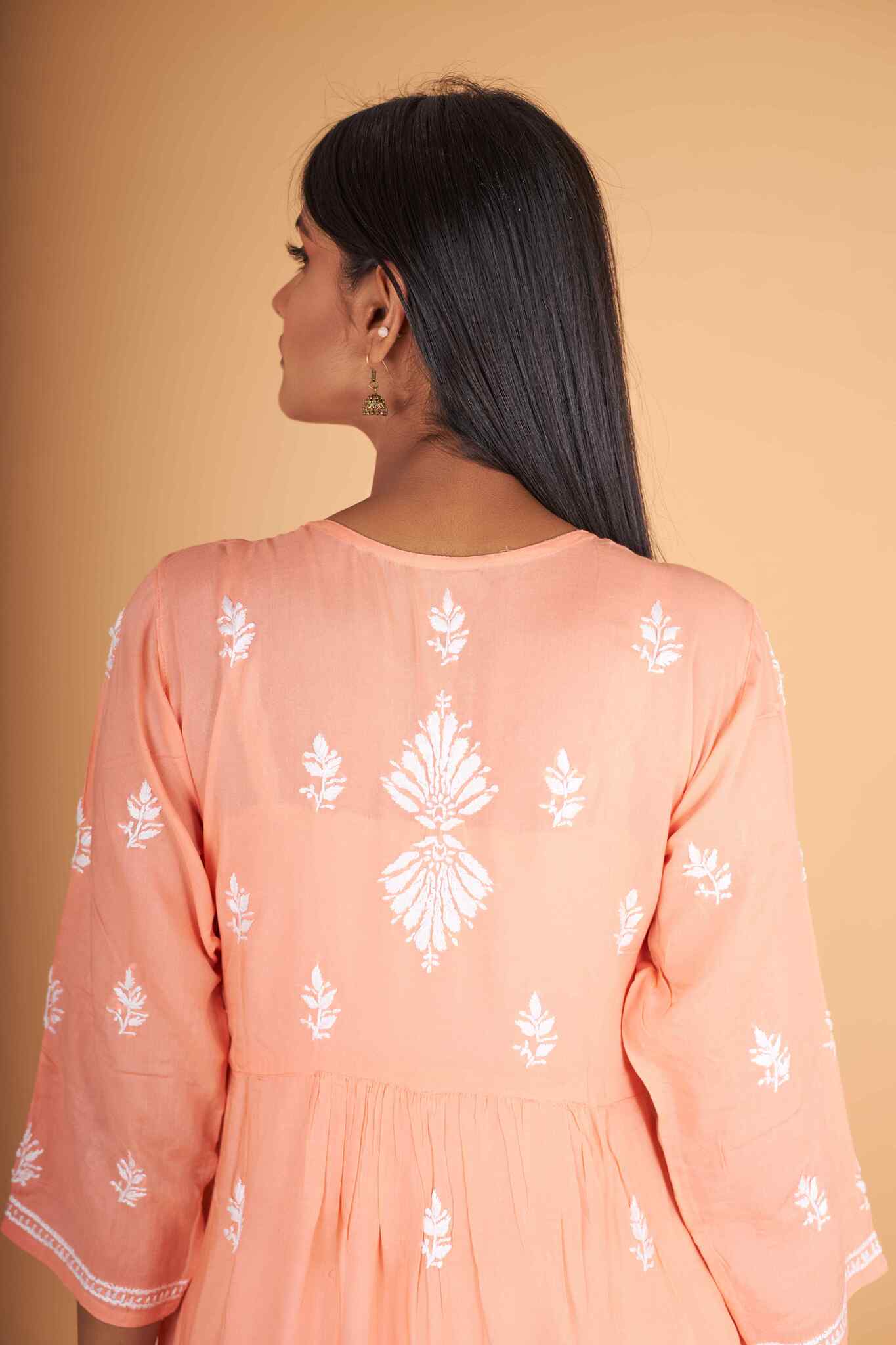 Arsh Handcrafted Salmon Orange Modal Chikankari Front Pocket Gown Dress - Image 2