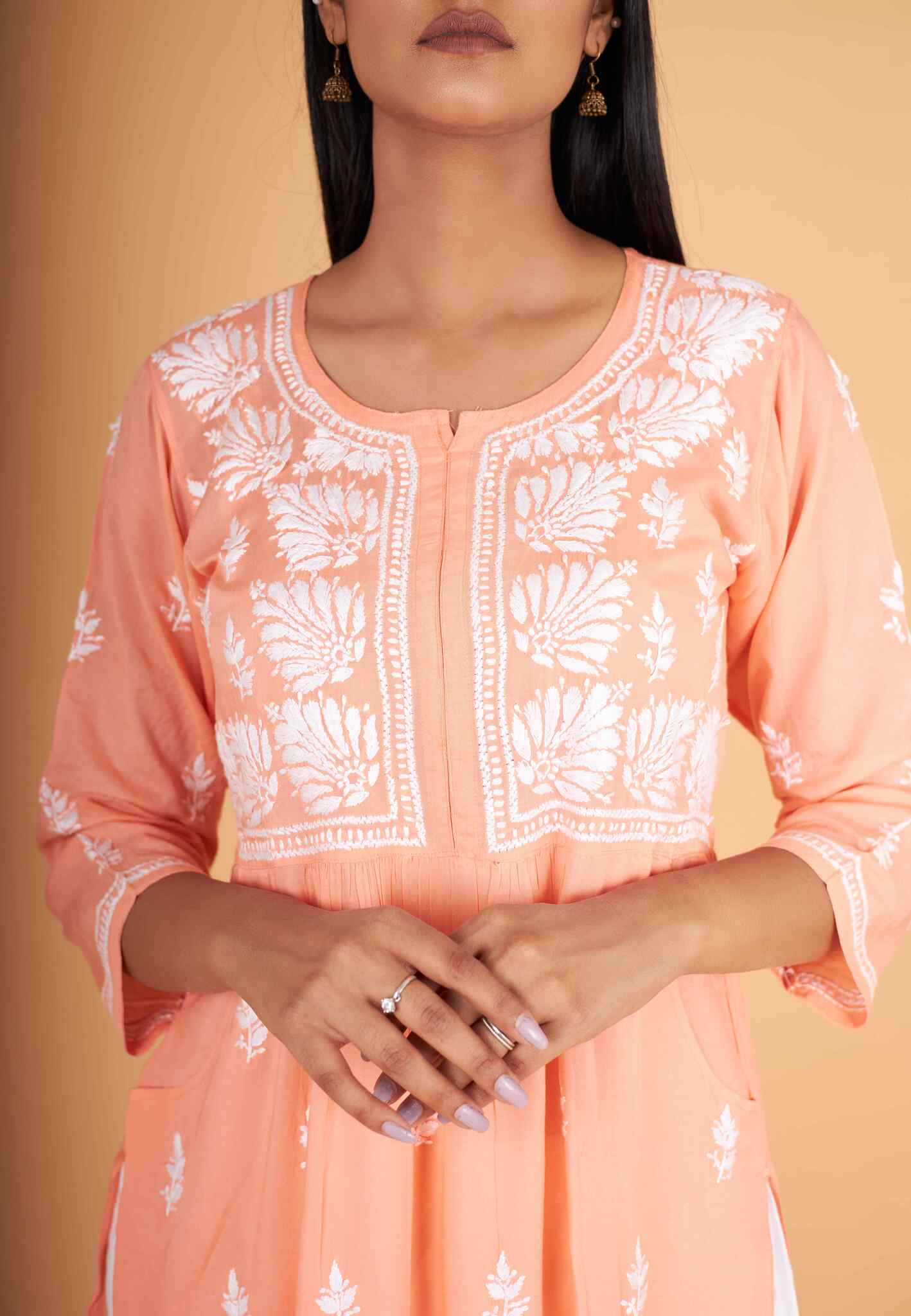 Arsh Handcrafted Salmon Orange Modal Chikankari Front Pocket Gown Dress - Image 3