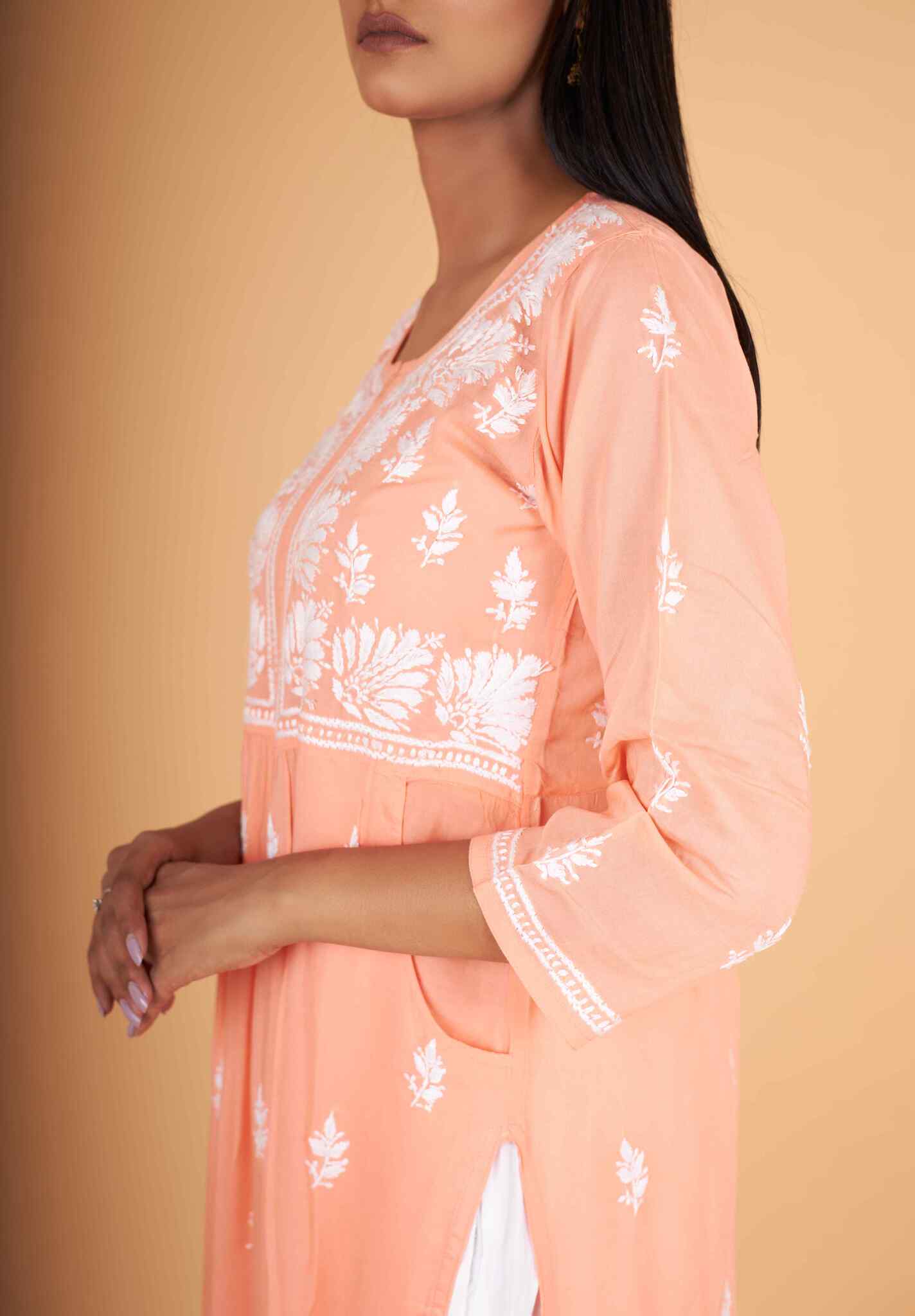 Arsh Handcrafted Salmon Orange Modal Chikankari Front Pocket Gown Dress - Image 4