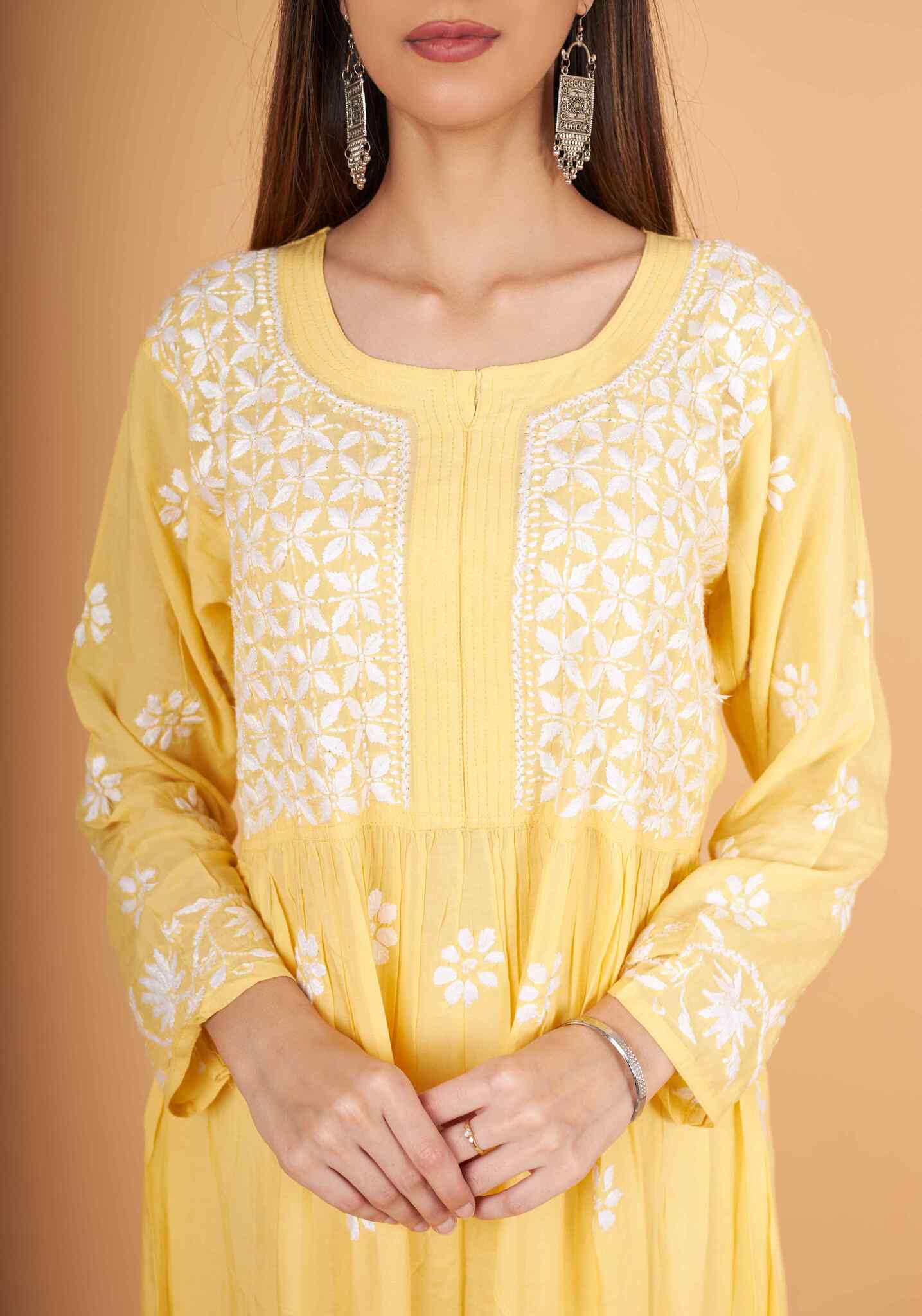 Arsh Handcrafted Yellow Modal Chikankari Gown Dress - Image 3