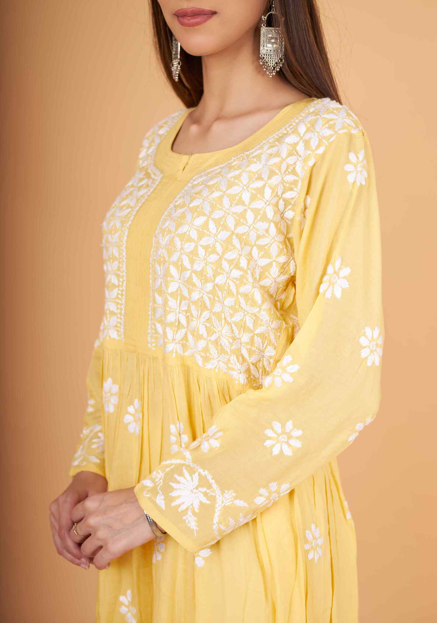 Arsh Handcrafted Yellow Modal Chikankari Gown Dress - Image 4