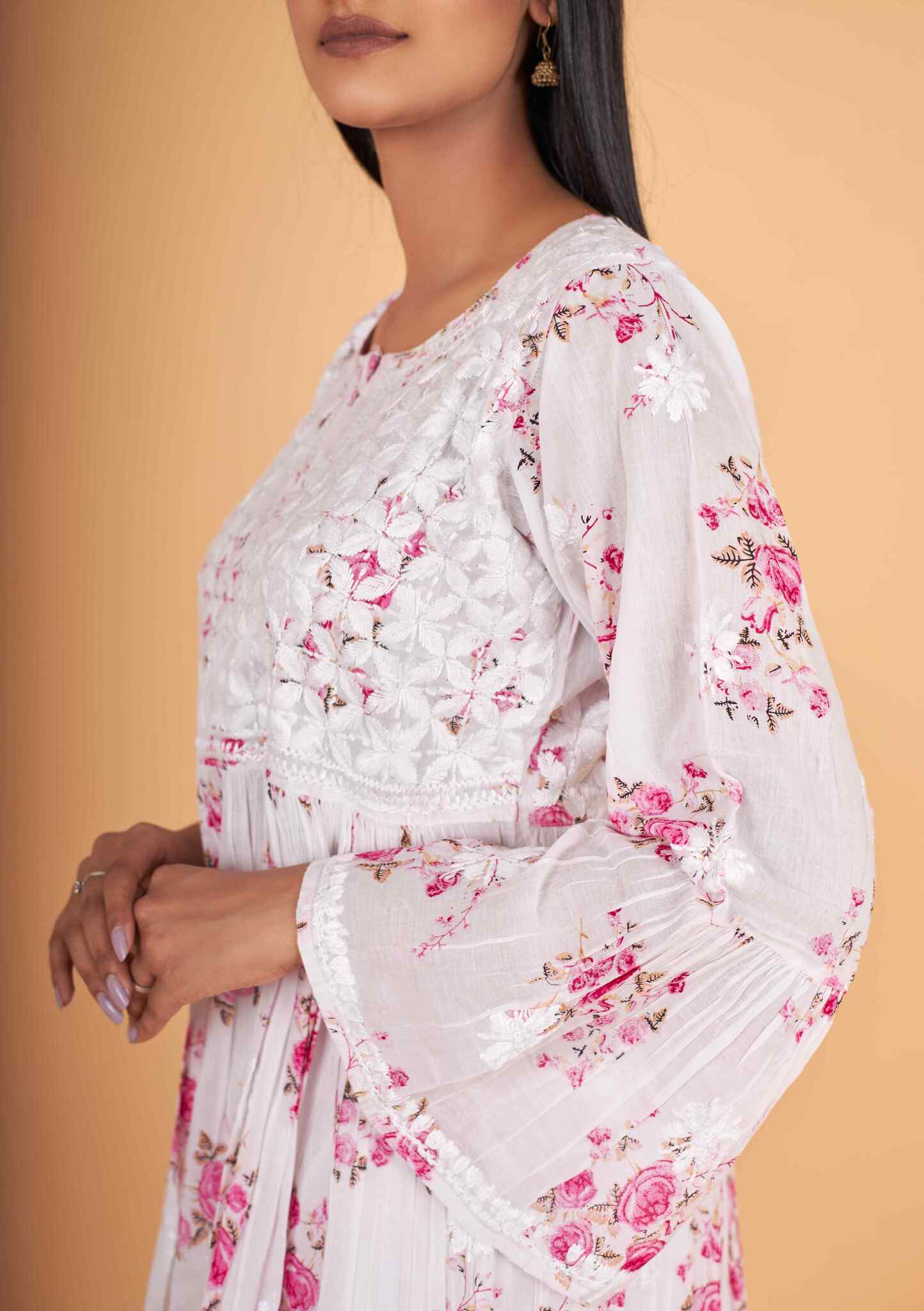 Arsh Handcrafted MulMul Cotton Printed Chikankari Frock Pattern Top - Image 3