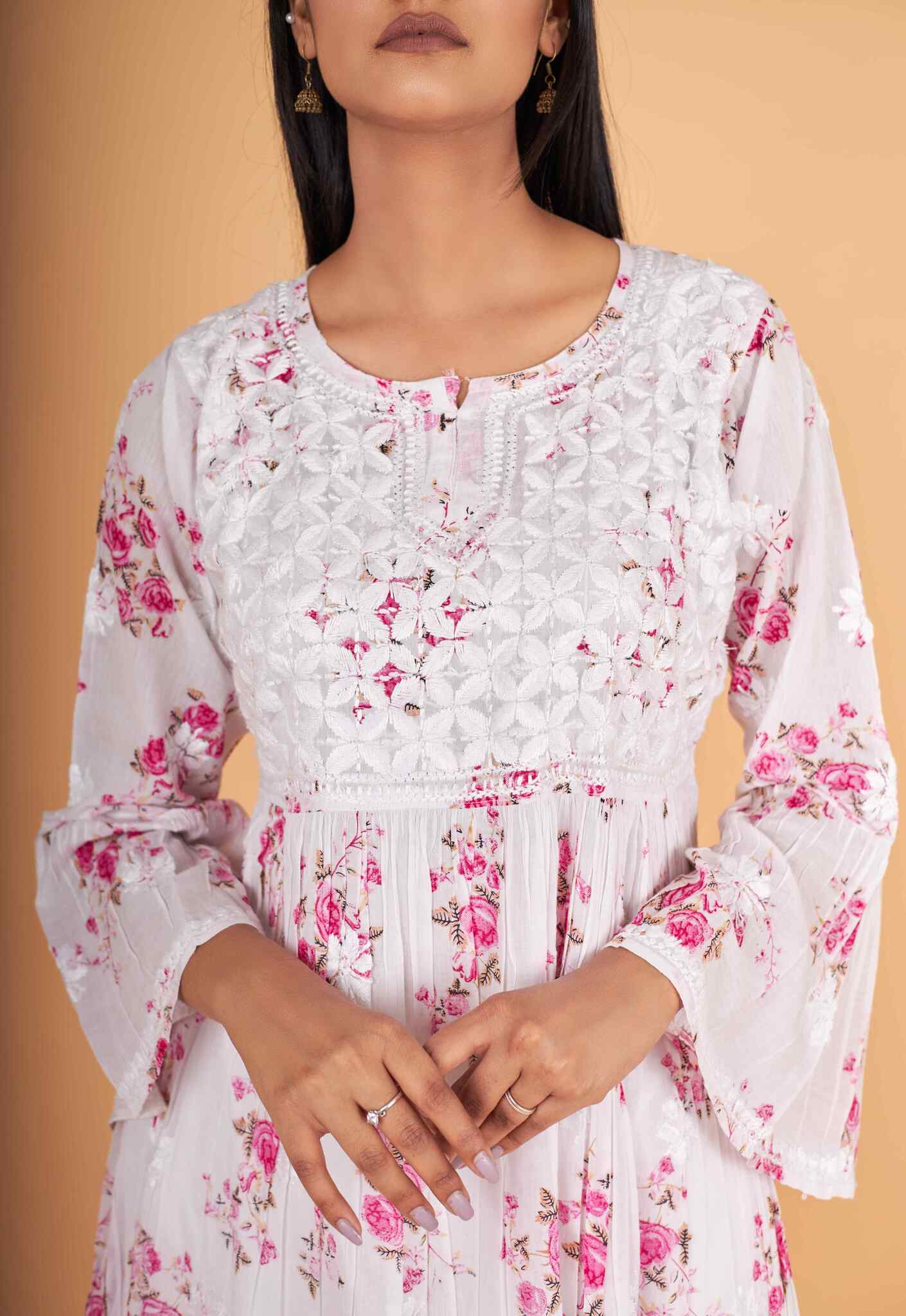 Arsh Handcrafted MulMul Cotton Printed Chikankari Frock Pattern Top - Image 4