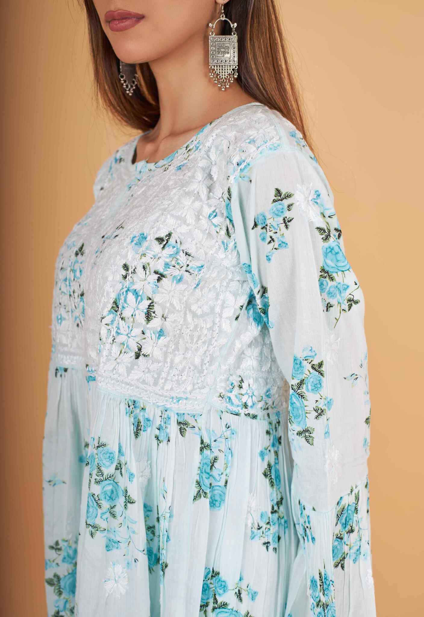Arsh Handcrafted MulMul Cotton Printed Chikankari Frock Pattern Top - Image 4
