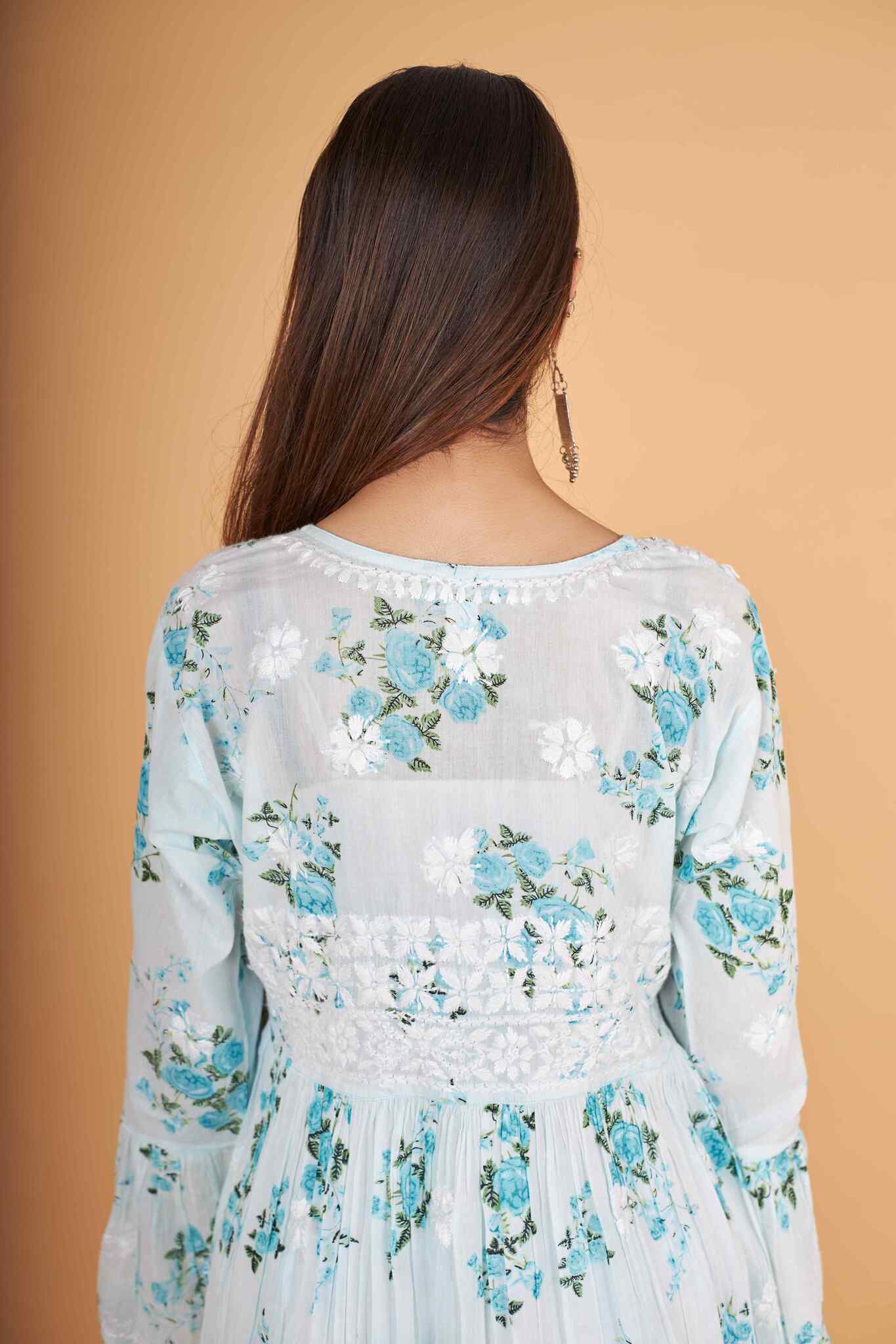 Arsh Handcrafted MulMul Cotton Printed Chikankari Frock Pattern Top - Image 5